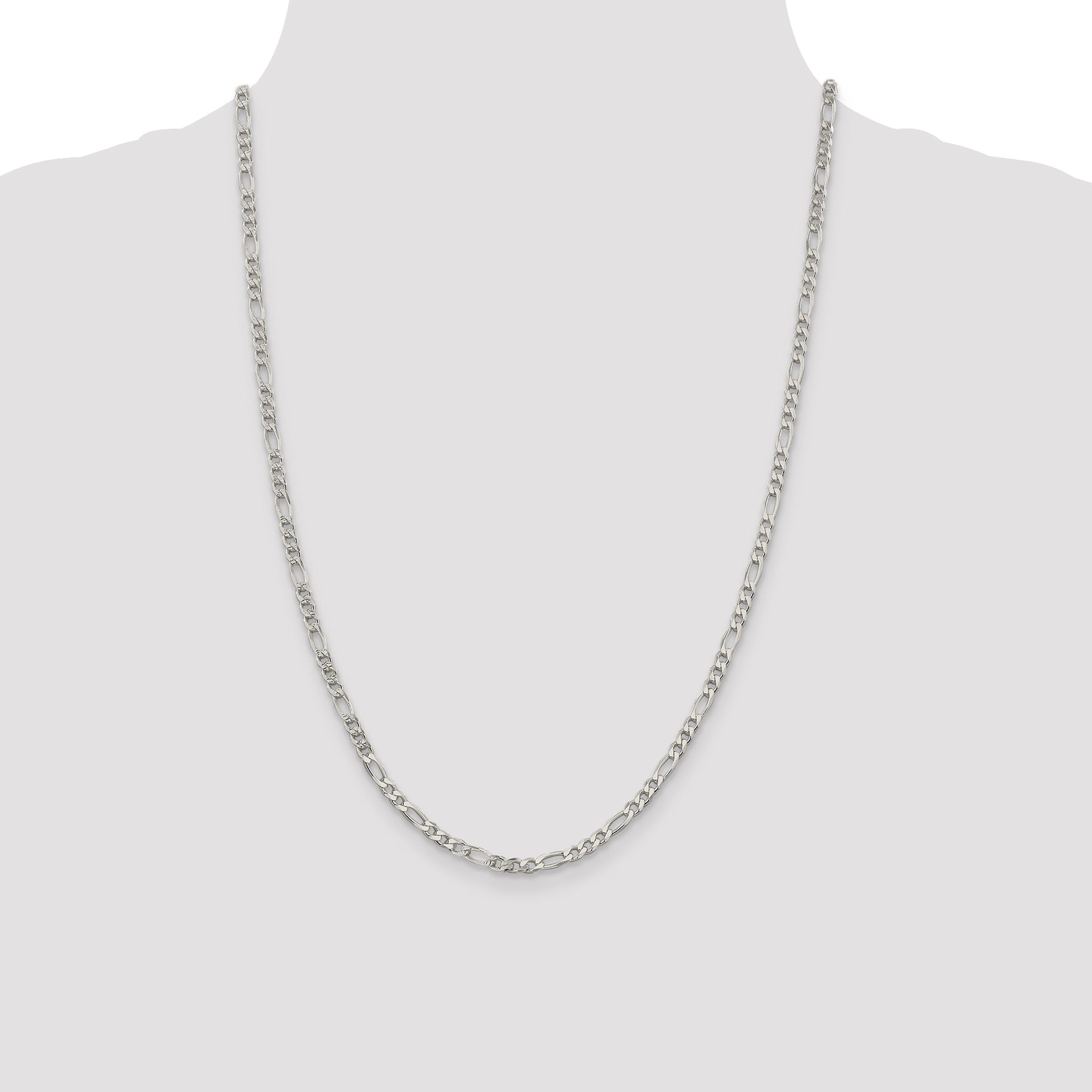 24 Inch Sterling Silver 4mm Pav Flat Figaro Chain Necklace