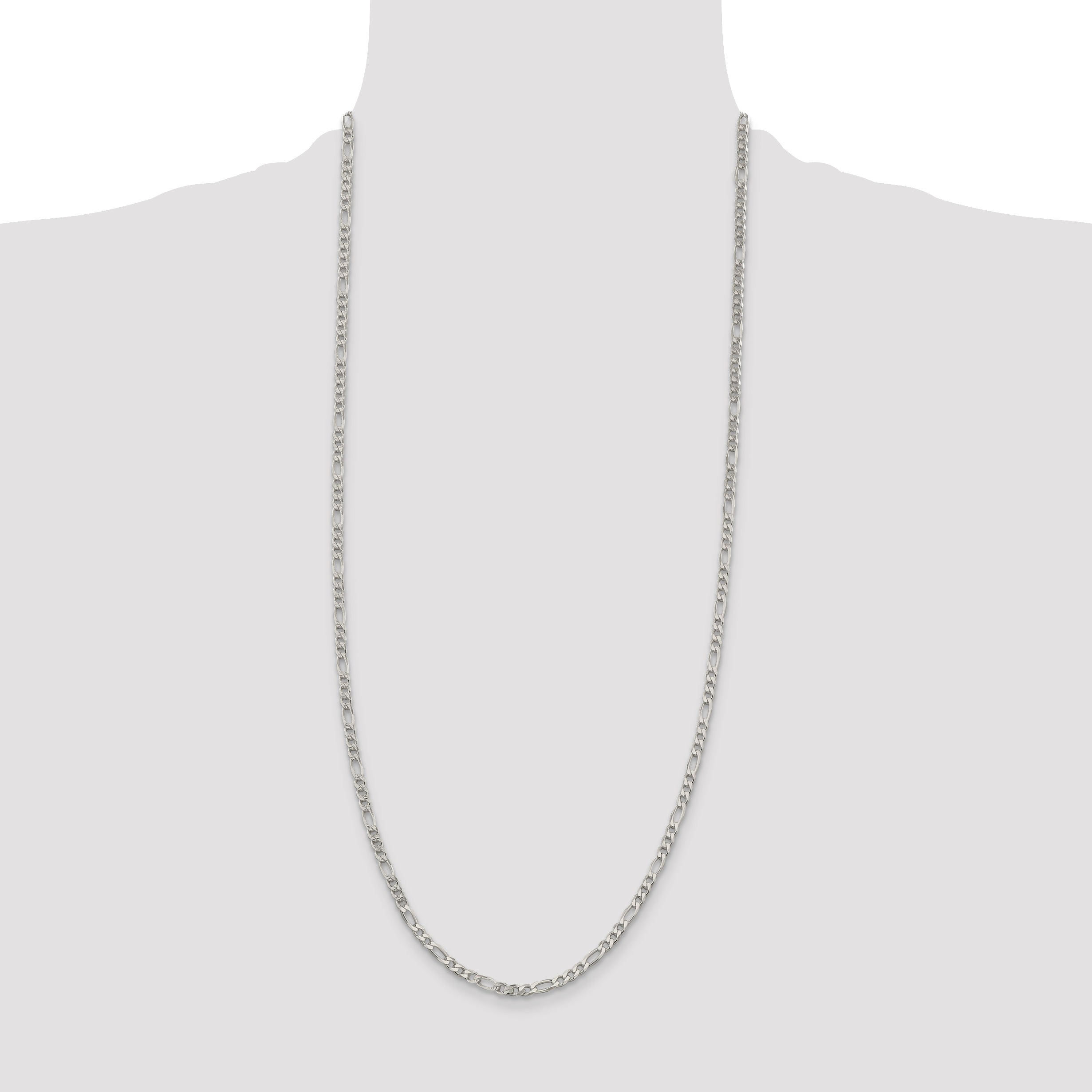 30 Inch Sterling Silver 4mm Pave Flat Figaro Chain Necklace