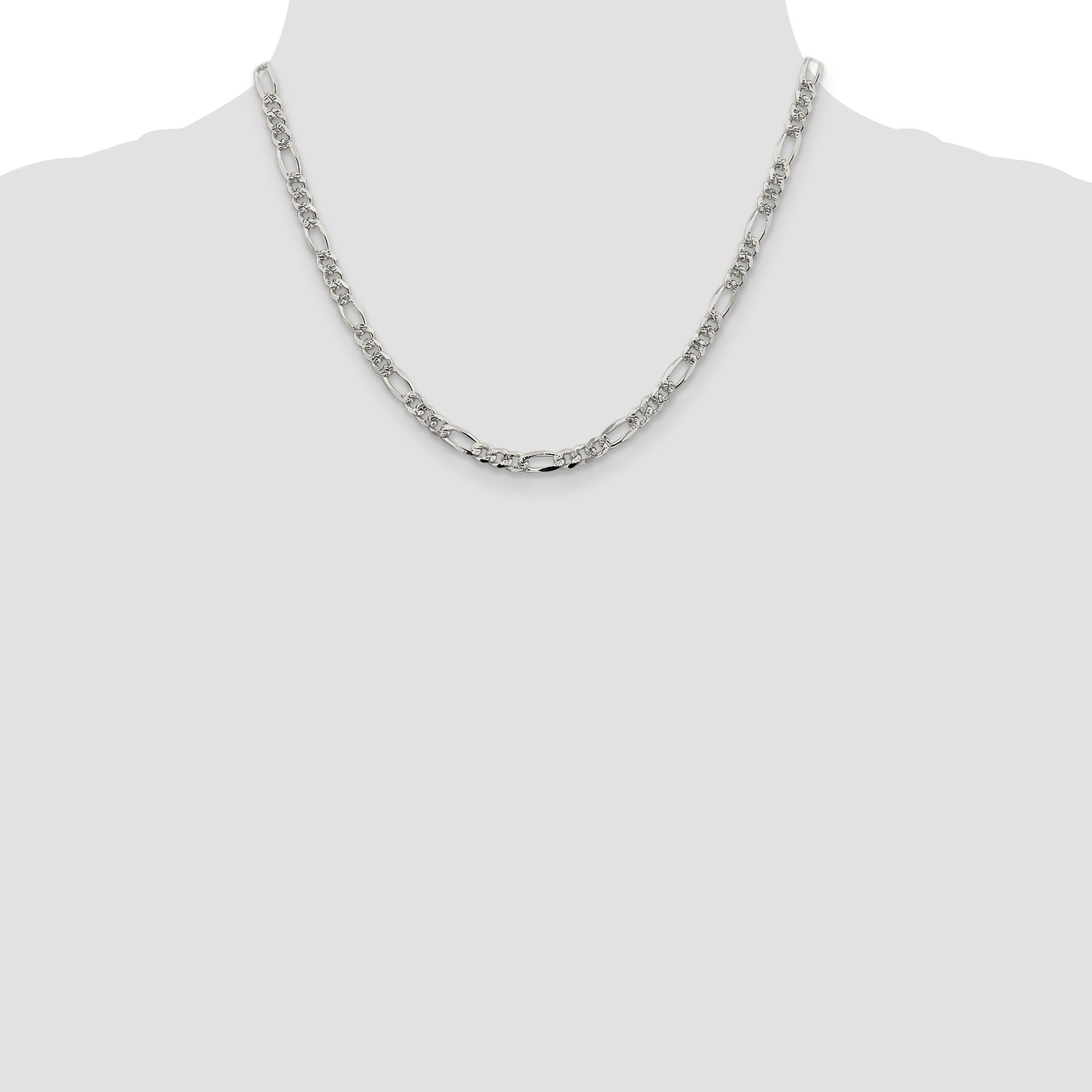 18 Inch Sterling Silver 4.3mm Pav Flat Figaro Chain Necklace