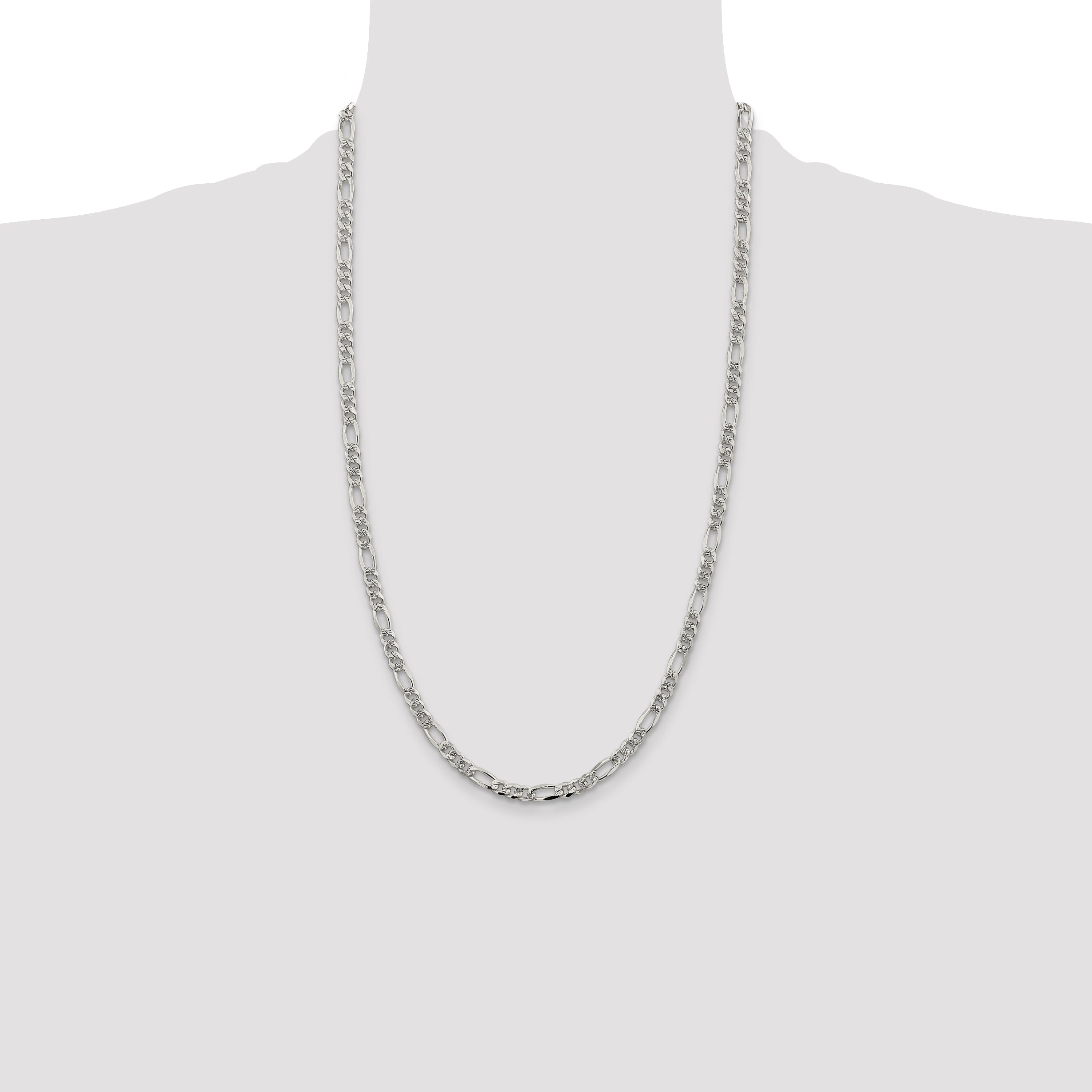 26 Inch Sterling Silver 4.3mm Pav Flat Figaro Chain Necklace