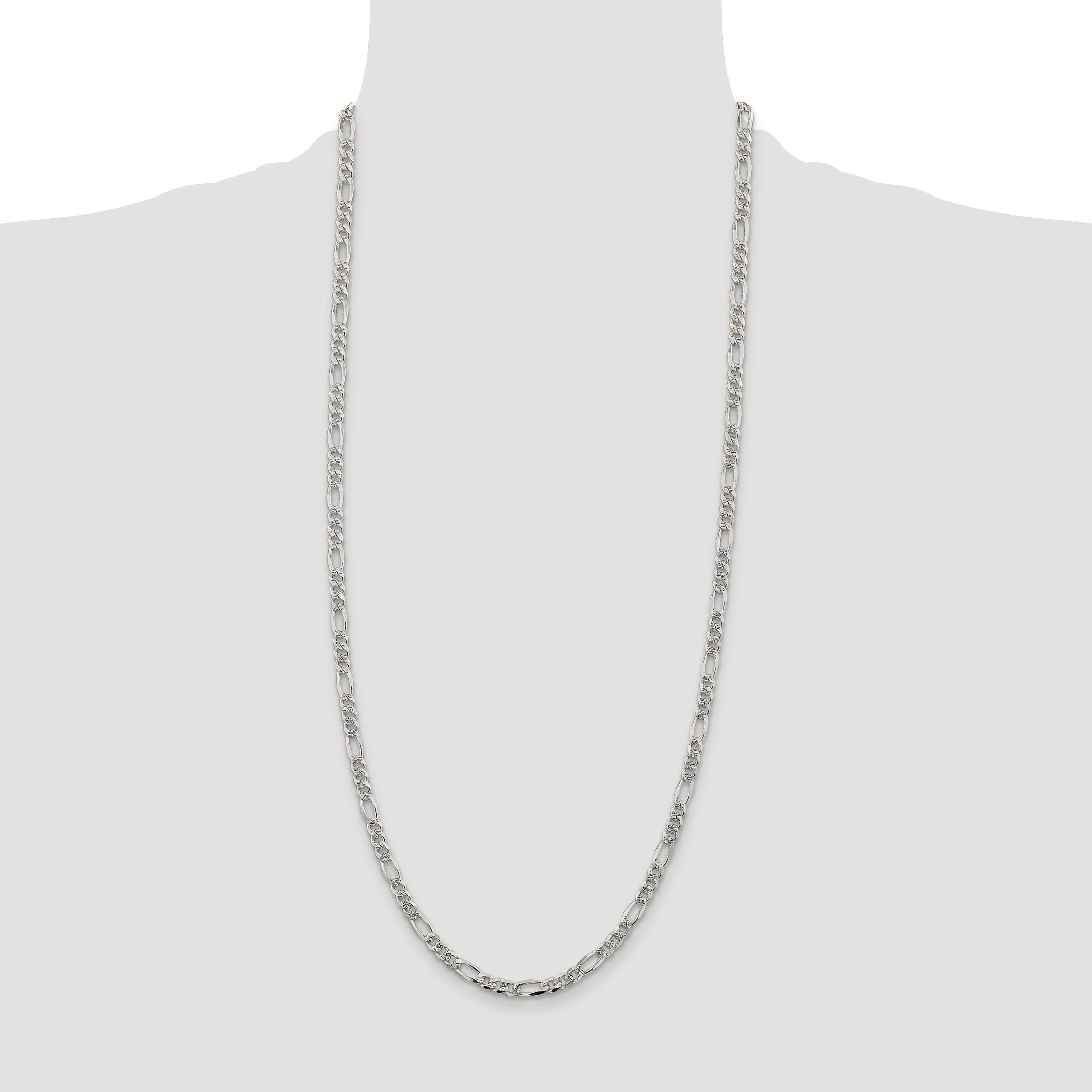 30 Inch Sterling Silver 4.3mm Pav Flat Figaro Chain Necklace
