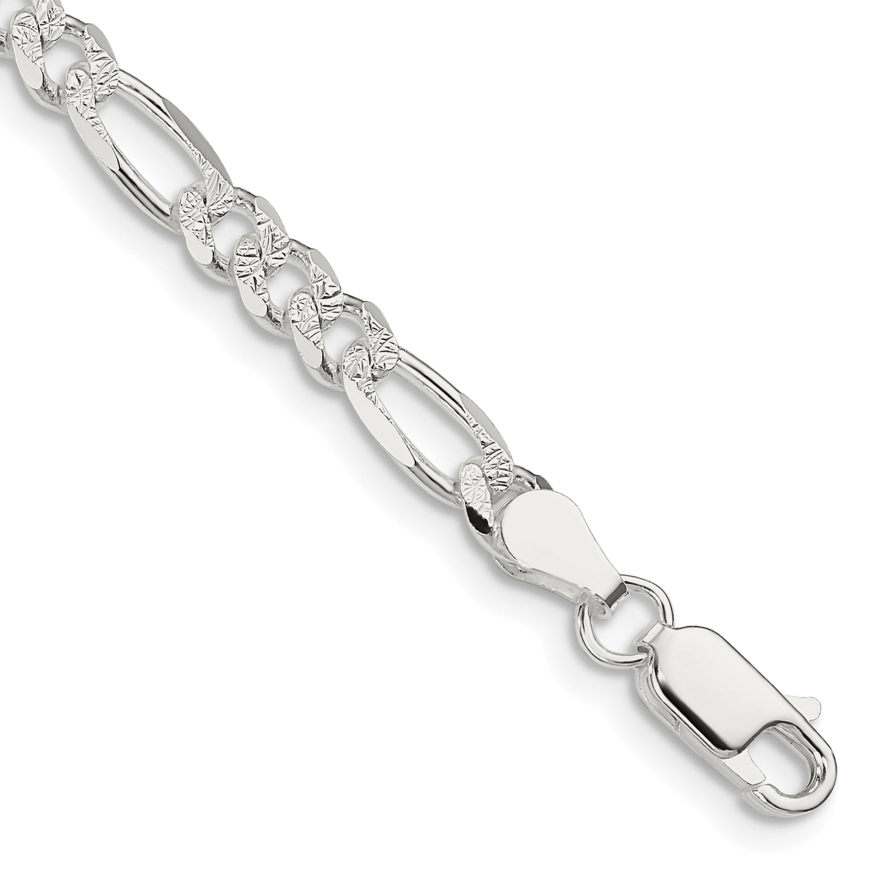 7 Inch Sterling Silver 4.3mm Pav Flat Figaro Chain Bracelet