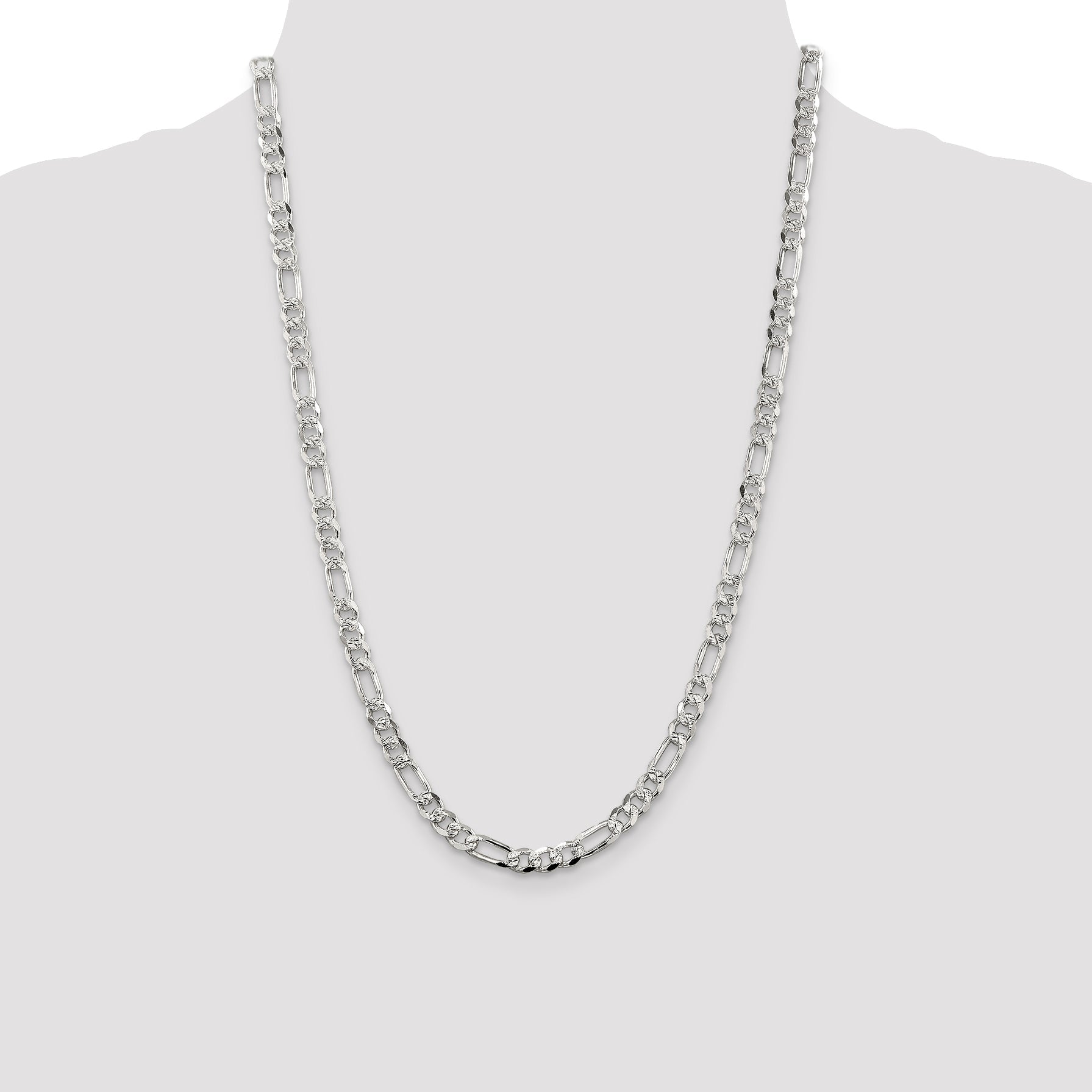 24 Inch Sterling Silver 5.5mm Pav Flat Figaro Chain Necklace