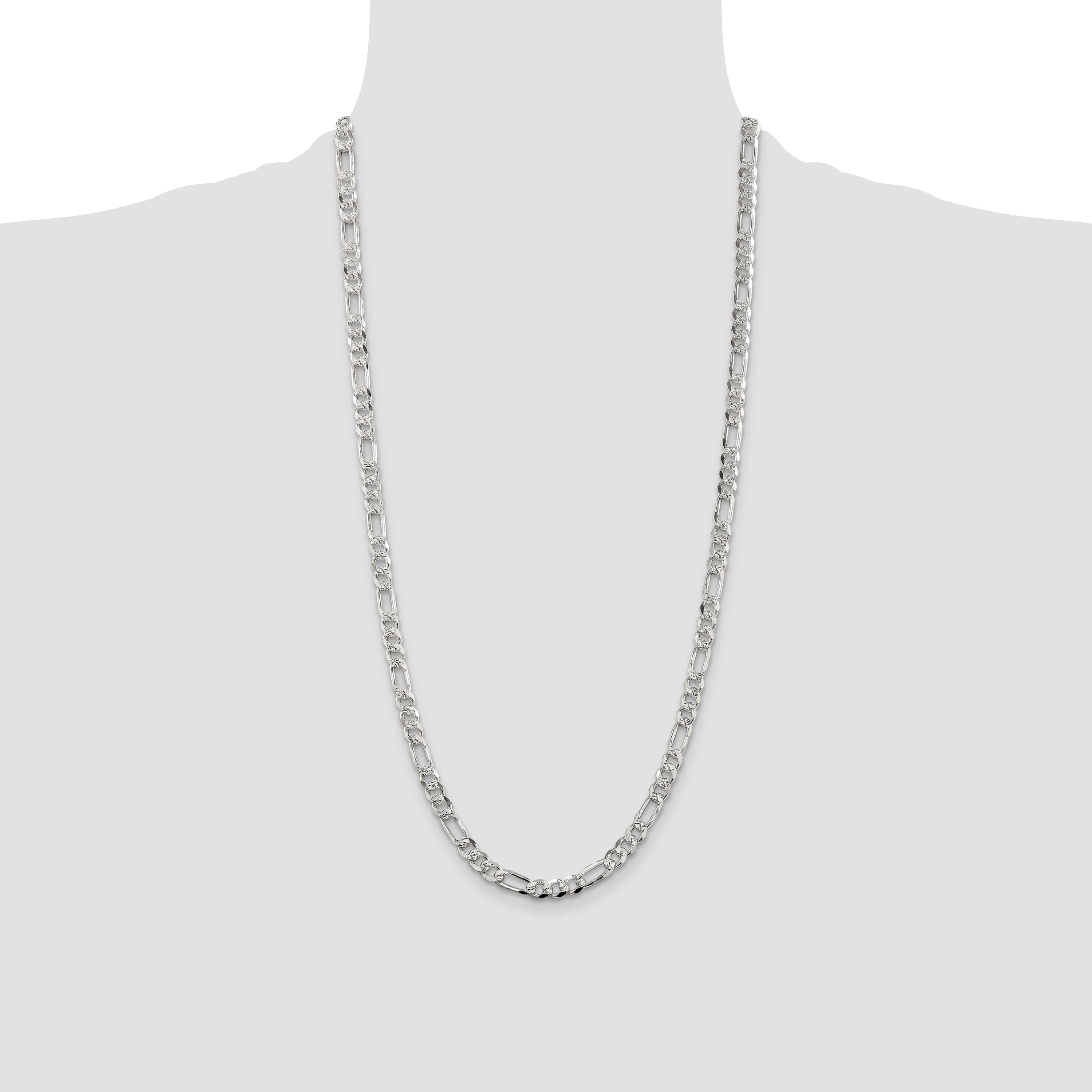 28 Inch Sterling Silver 5.5mm Pave Flat Figaro Chain