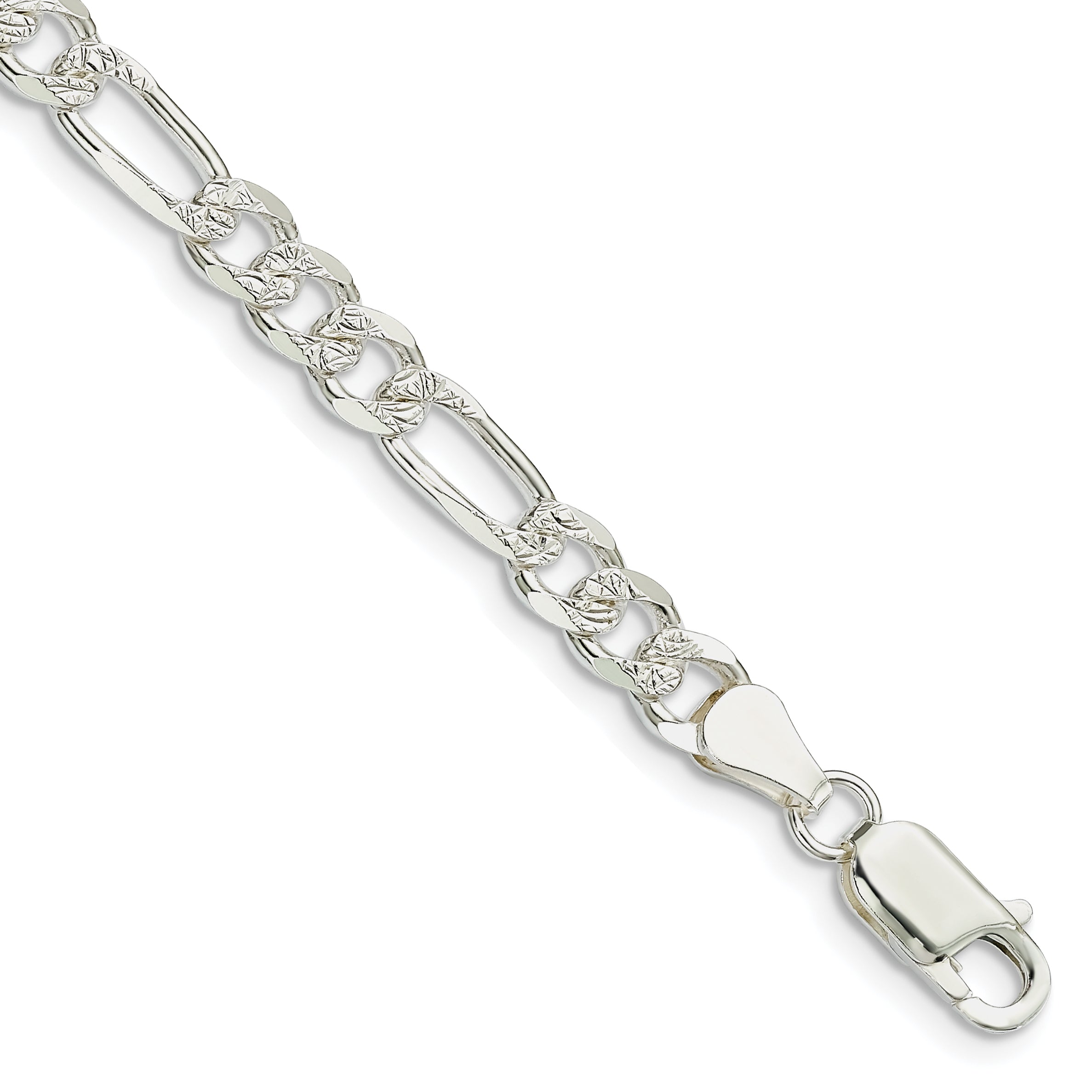 8 Inch Sterling Silver 5.5mm Pav Flat Figaro Chain Bracelet