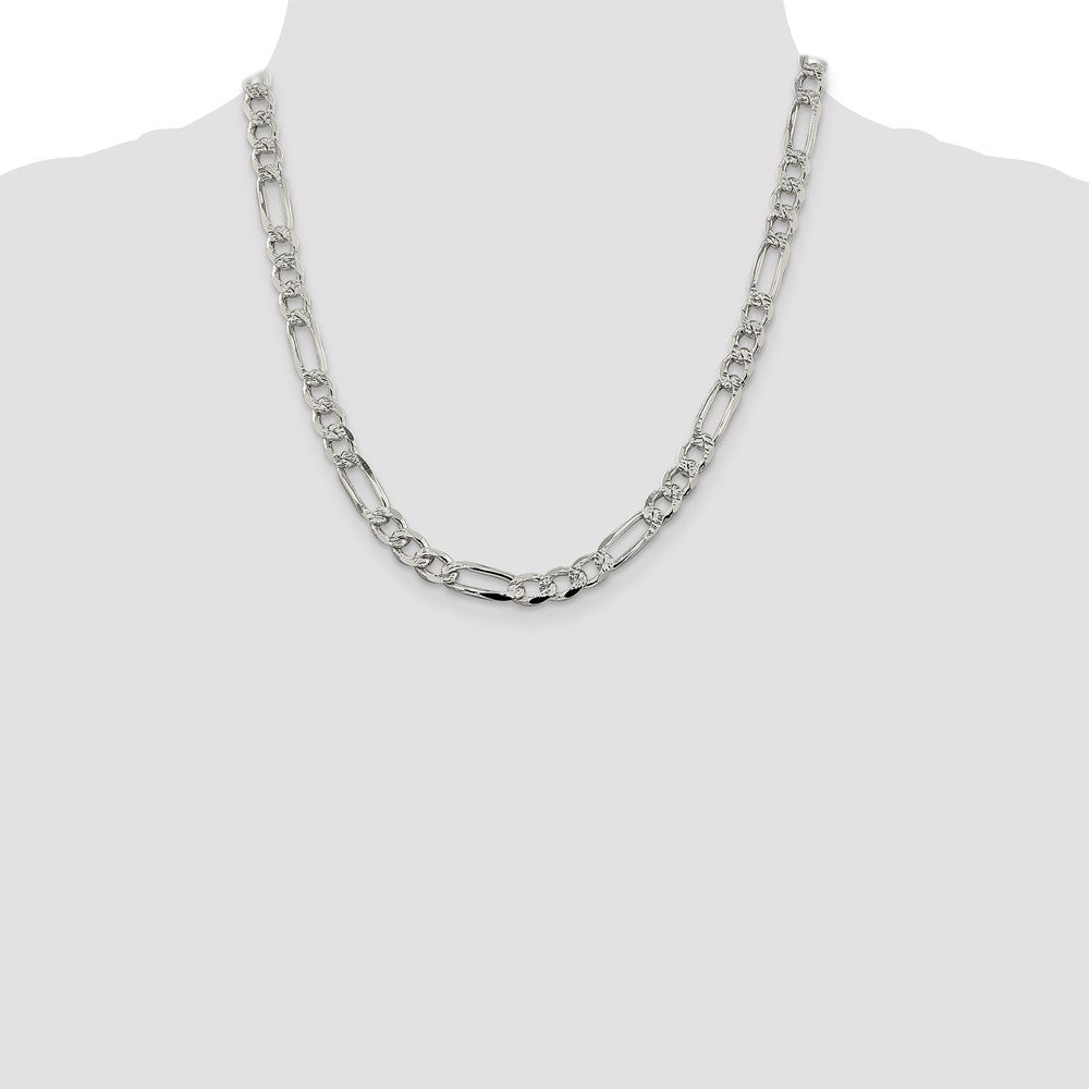 20 Inch Sterling Silver 7.25mm Pav Flat Figaro Chain Necklace