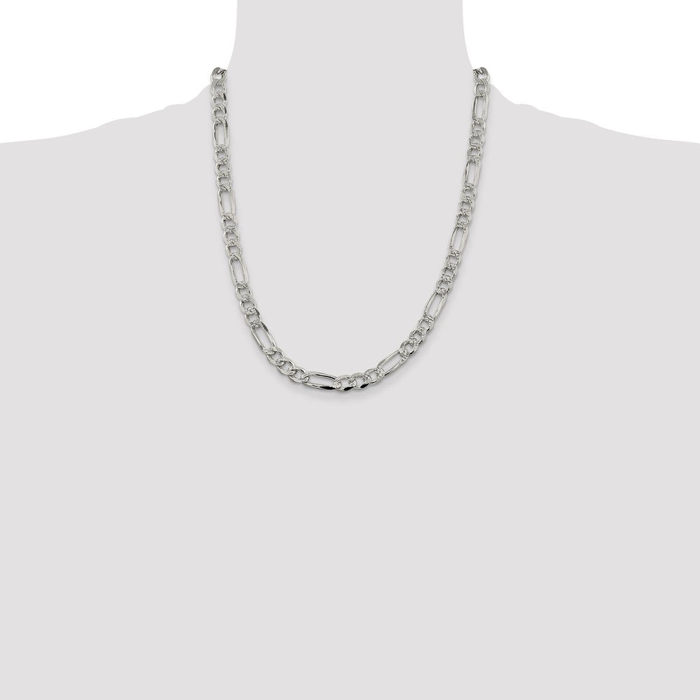 22 Inch Sterling Silver 7.25mm Pav Flat Figaro Chain Necklace