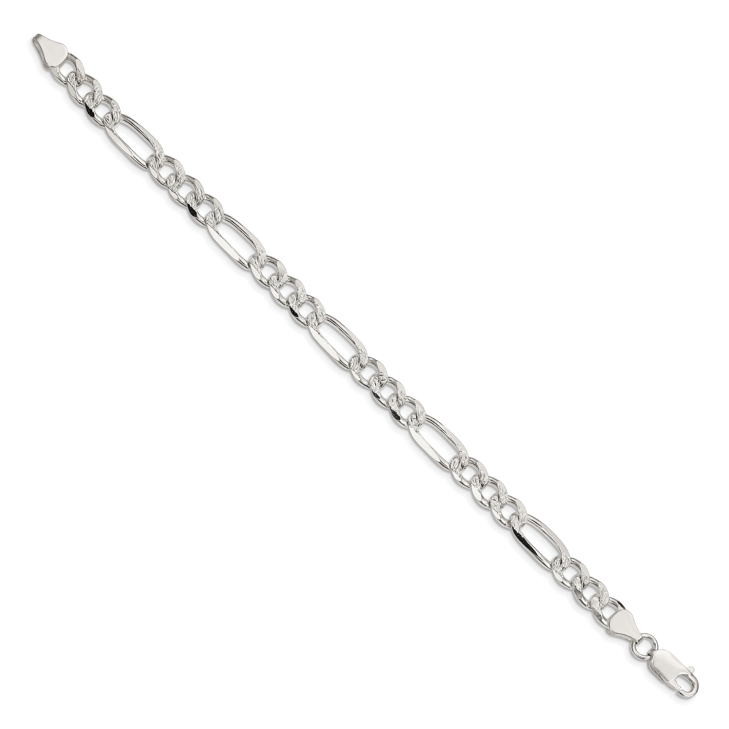 8 Inch Sterling Silver 7.25mm Pav Flat Figaro Chain Bracelet