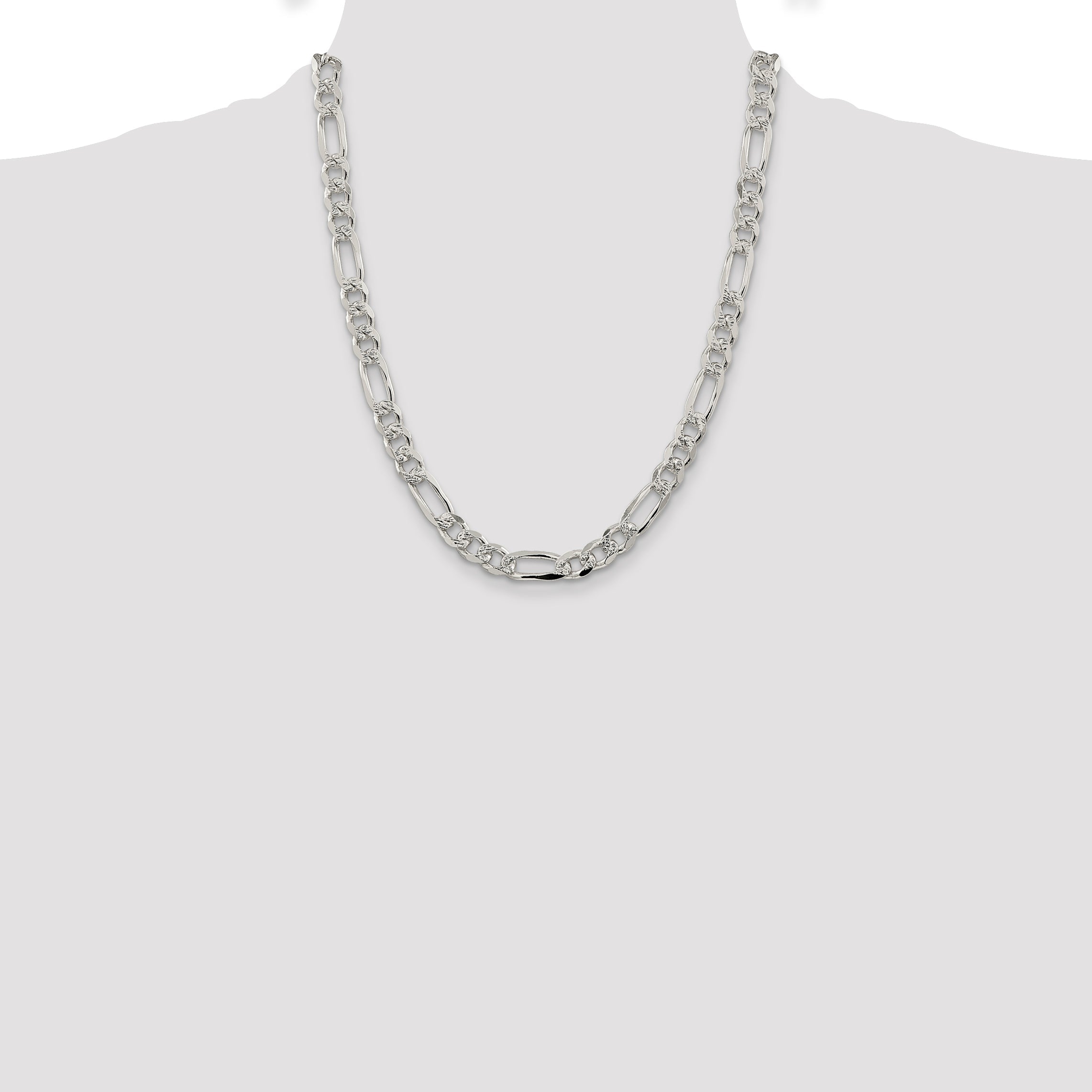 22 Inch Sterling Silver 8mm Pav Flat Figaro Chain Necklace