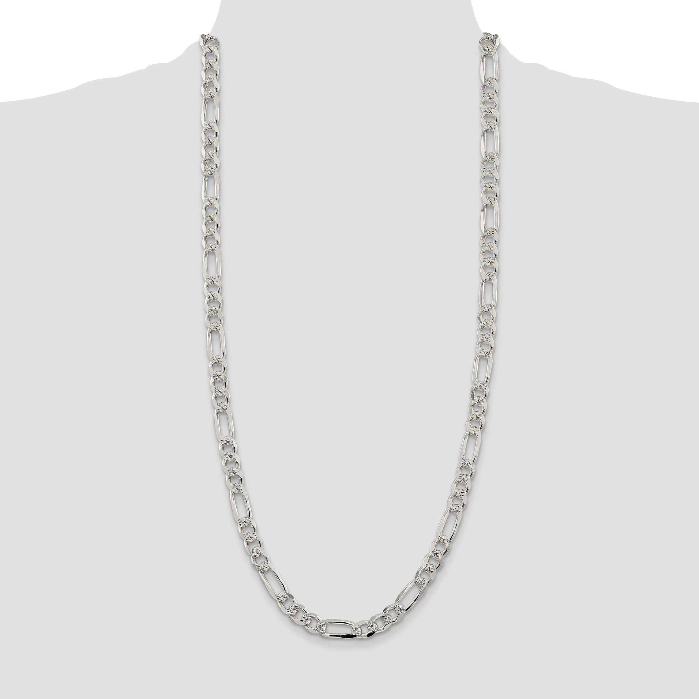 30 Inch Sterling Silver 8mm Pav Flat Figaro Chain Necklace