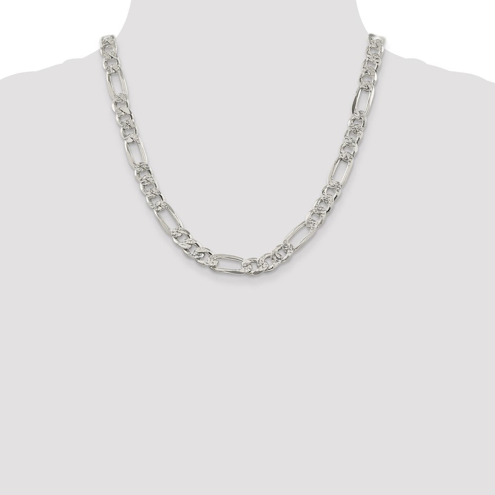20 Inch Sterling Silver 9.5mm Pav Flat Figaro Chain Necklace