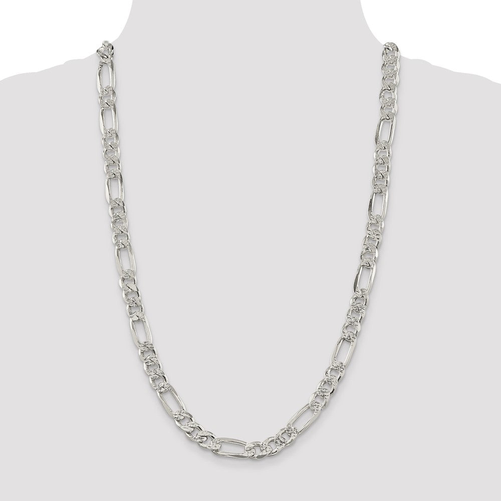 26 Inch Sterling Silver 9.5mm Pav Flat Figaro Chain Necklace