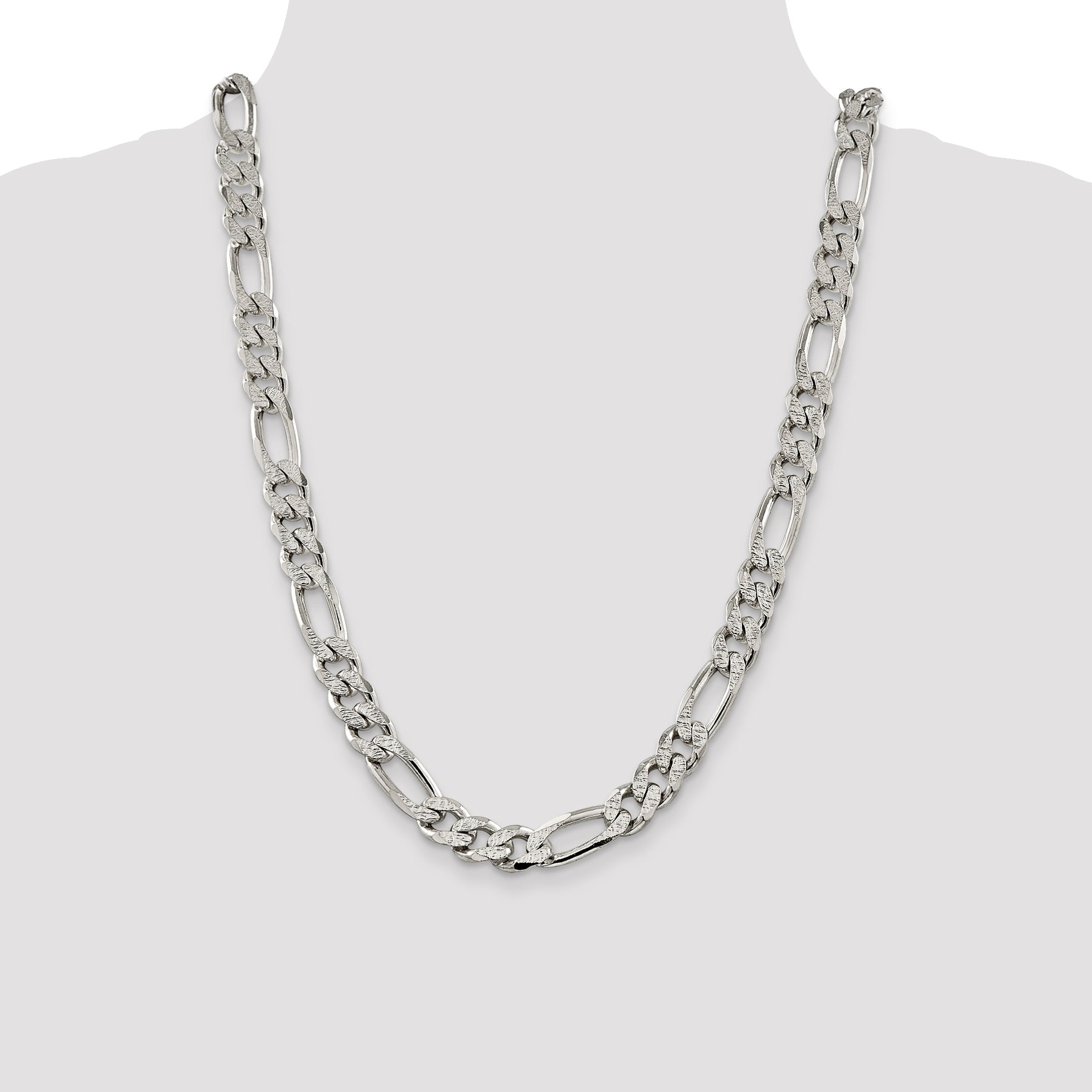 24 Inch Sterling Silver 11.0mm Pav Flat Figaro Chain Necklace