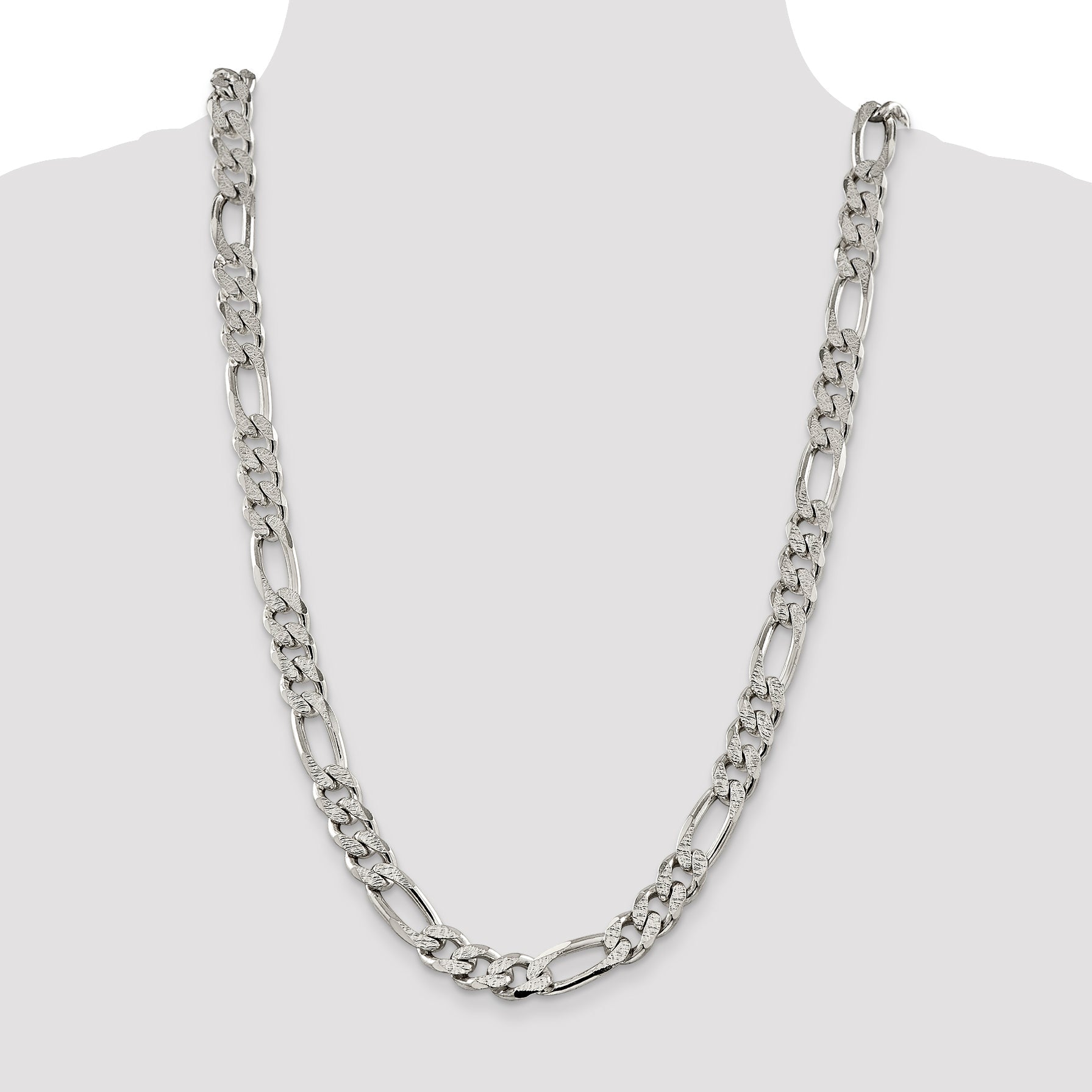 26 Inch Sterling Silver 11.0mm Pav Flat Figaro Chain Necklace
