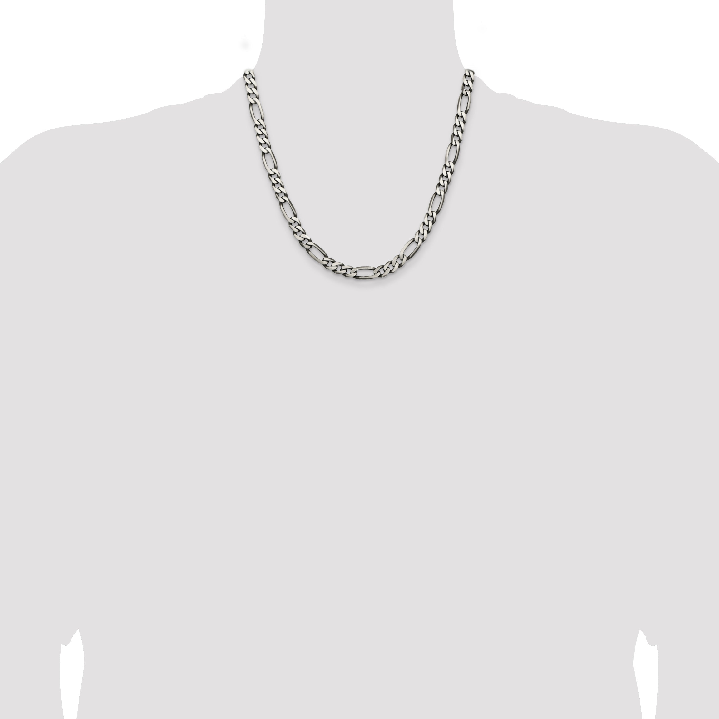 20 Inch Sterling Silver Antiqued 6.5mm Figaro Chain Necklace