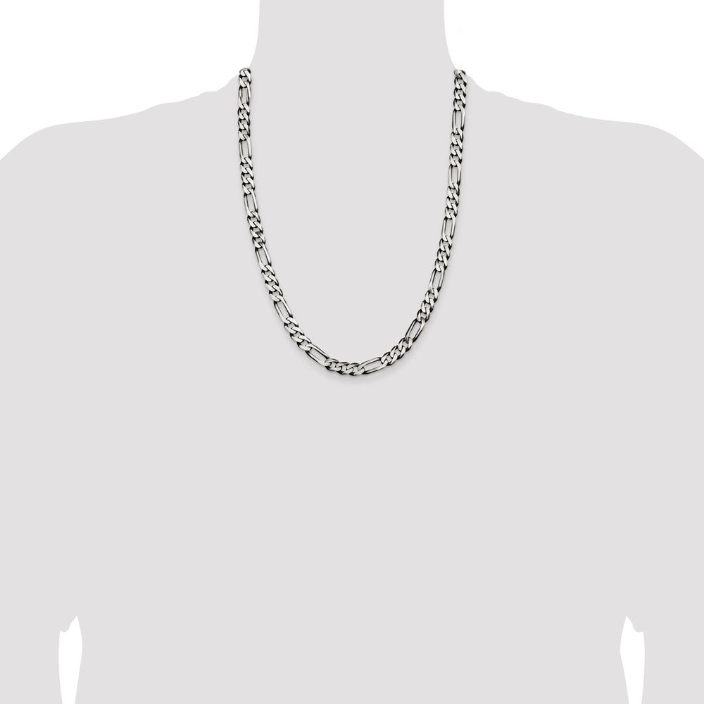 24 Inch Sterling Silver Antiqued 7.5mm Figaro Chain Necklace