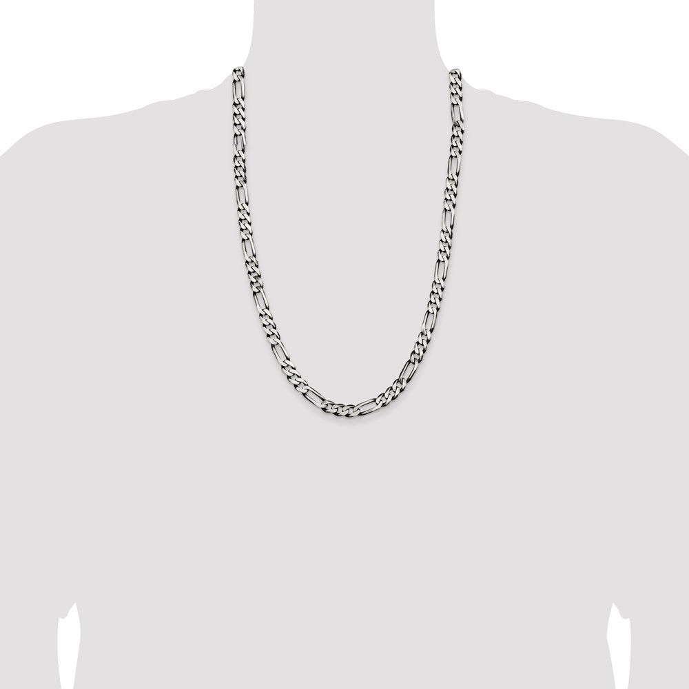 26 Inch Sterling Silver Antiqued 7.5mm Figaro Chain Necklace
