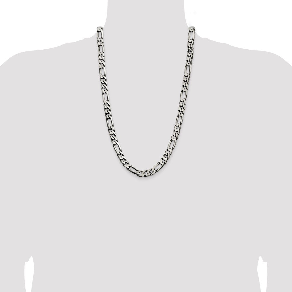 26 Inch Sterling Silver Antiqued 9mm Figaro Chain Necklace