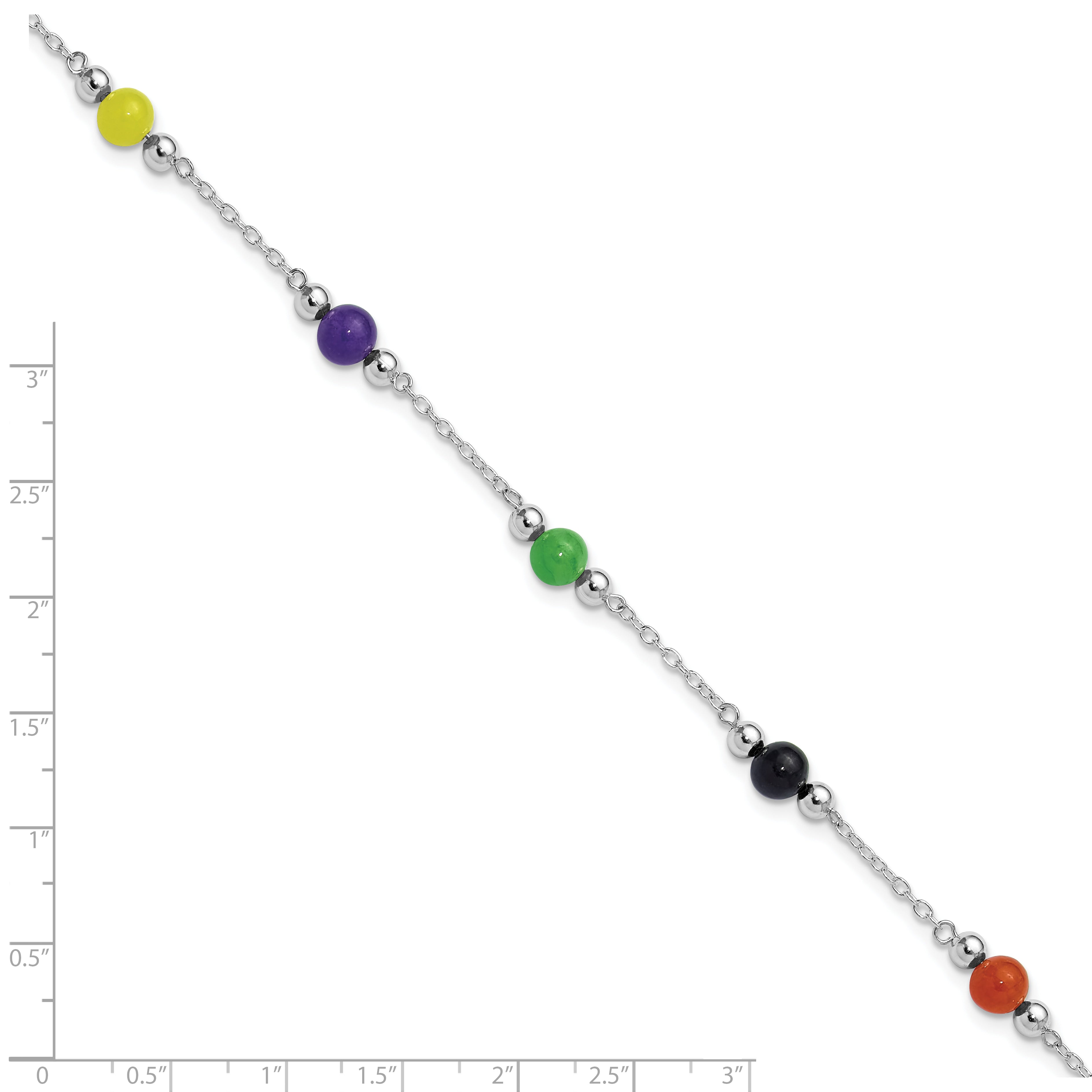 Sterling Silver Rhodium-Plated 9Inch Polished Multi-Color Jade Anklet