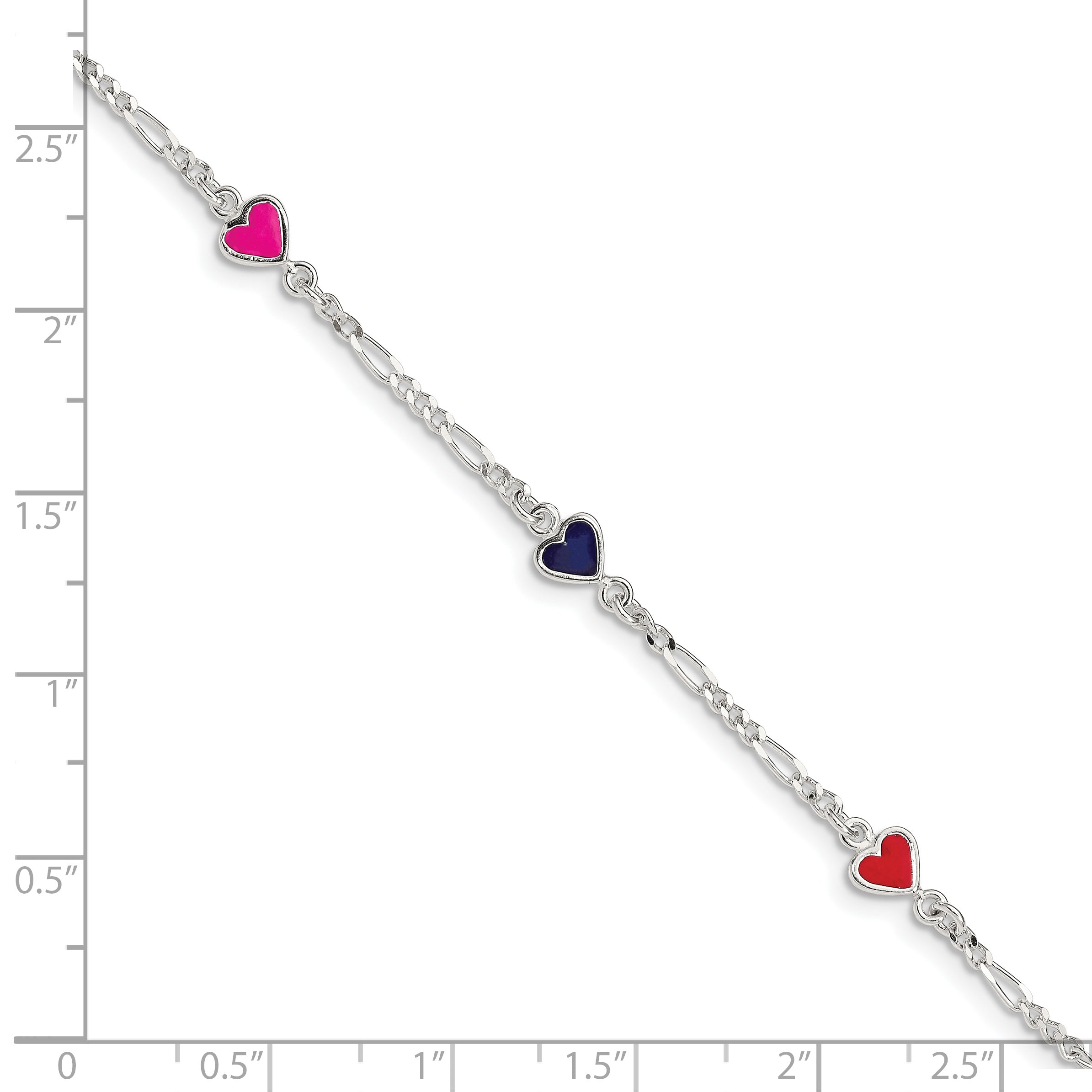 6 Inch Sterling Silver Polished & Multi-Color Enameled Hearts With 1 Extension Children'S Bracelet