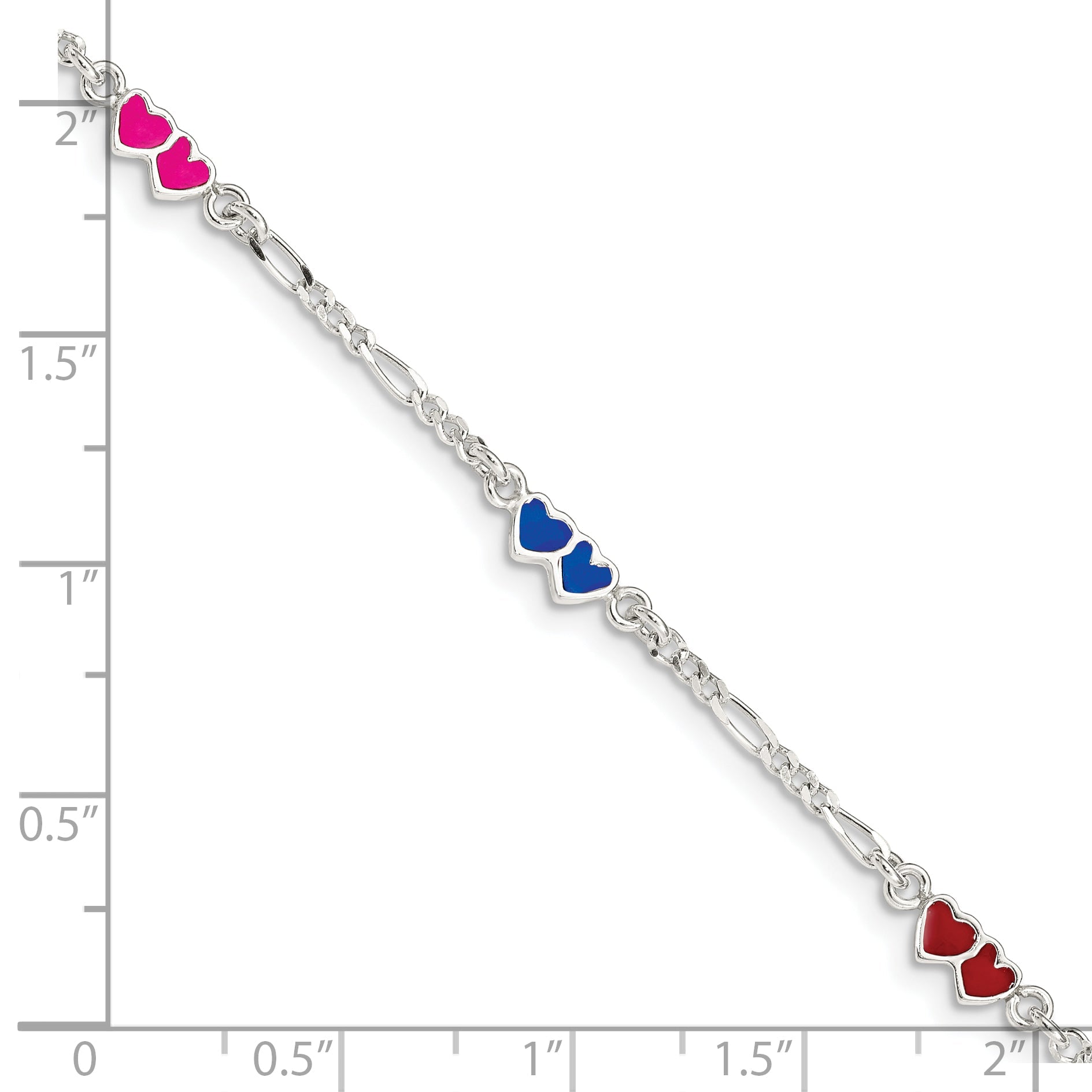6 Inch Sterling Silver Polished & Multi-Color Enameled Double Heart With 1 Extension Children'S Bracelet