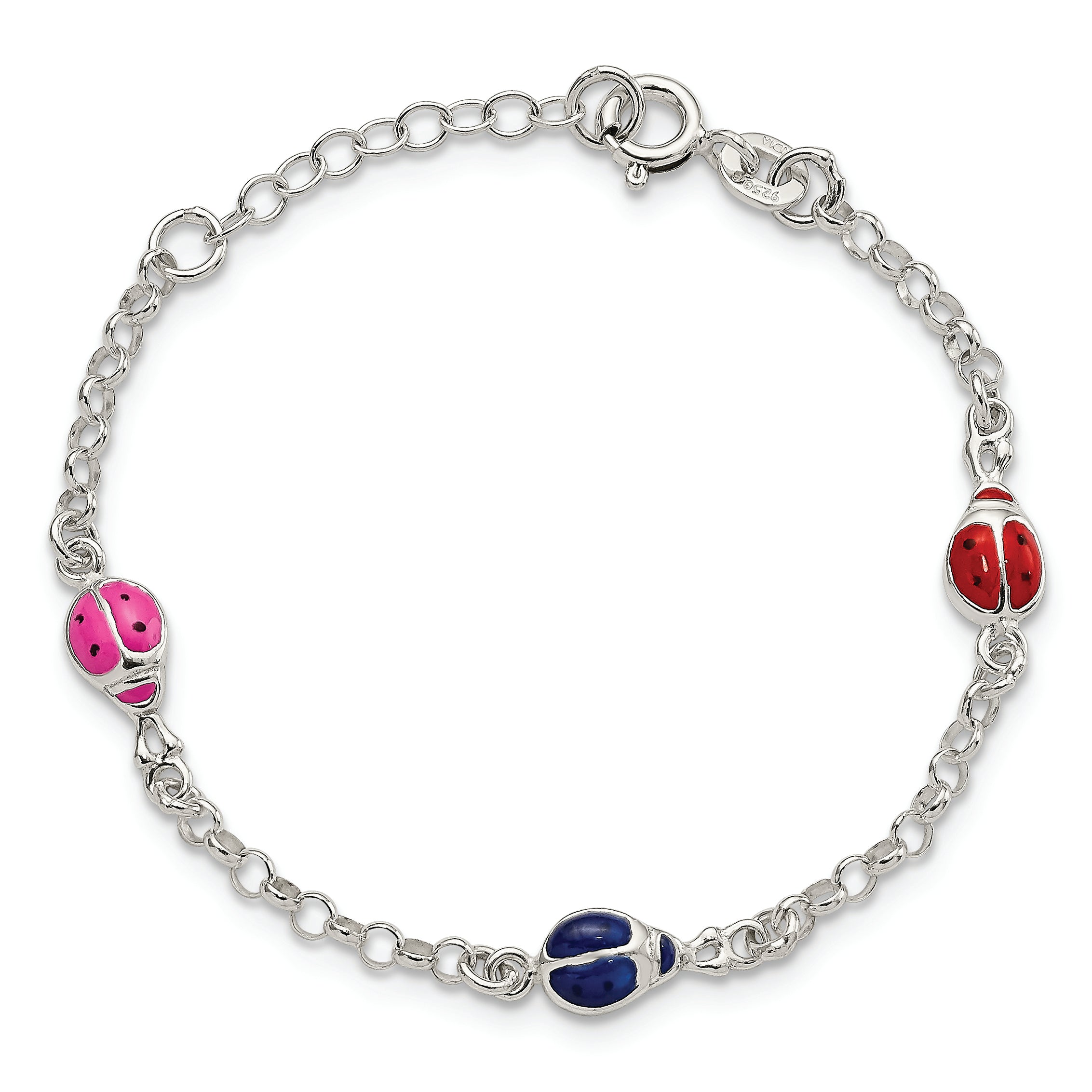 6 Inch Sterling Silver Multi-Color Enamel Ladybugs W/ 1In Ext. Children'S Bracelet