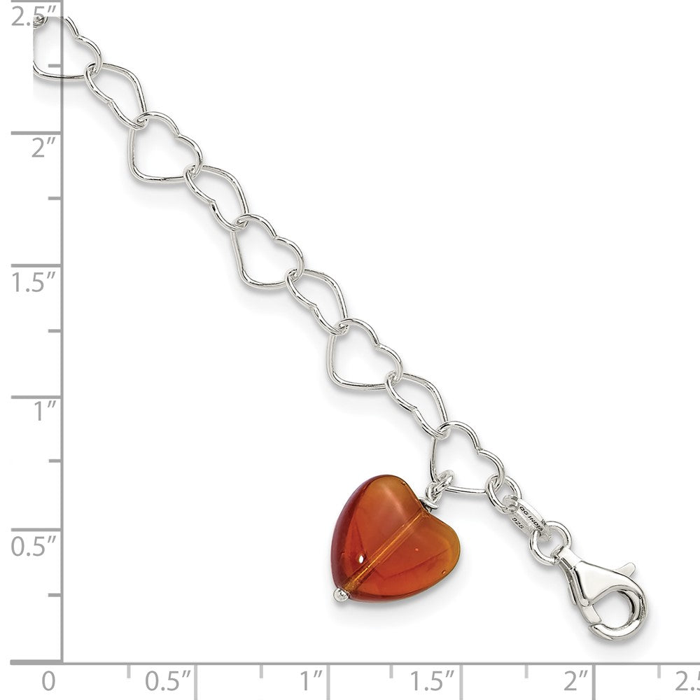 Sterling Silver Link Orange Synthetic Crystal Stone Heart Anklet