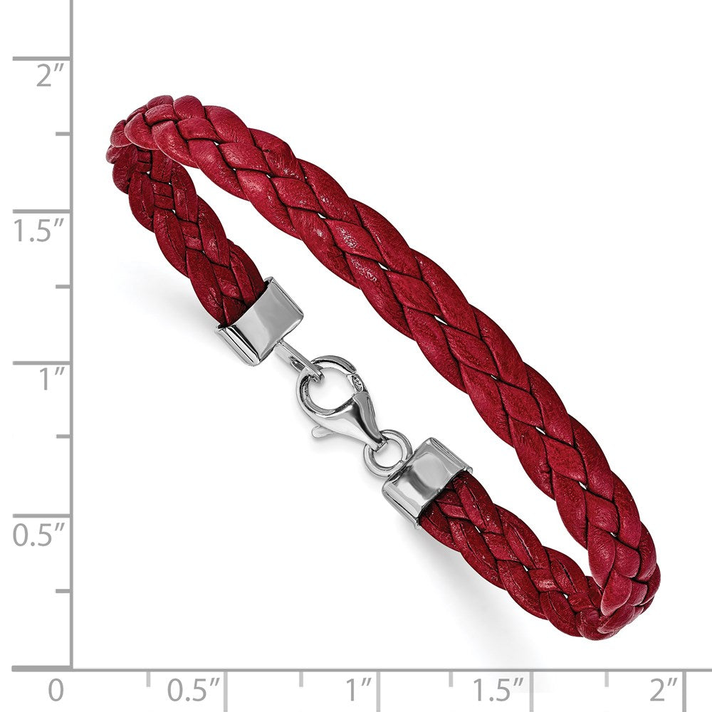 Sterling Silver Rhodium Plated Red Braided Leather 7 Inch Bracelet