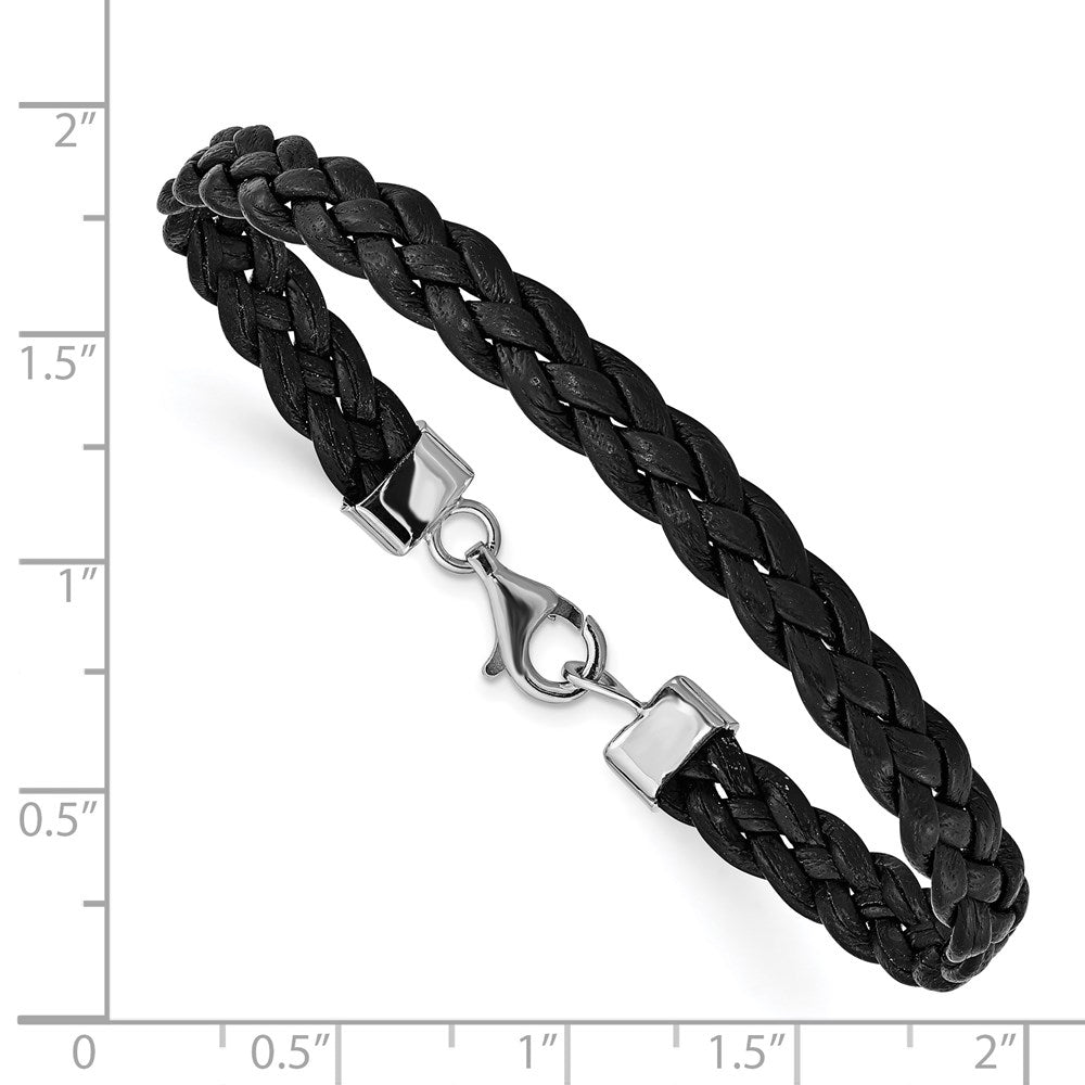 7 Inch Sterling Silver Rhodium-Plated Black Braided Leather Bracelet