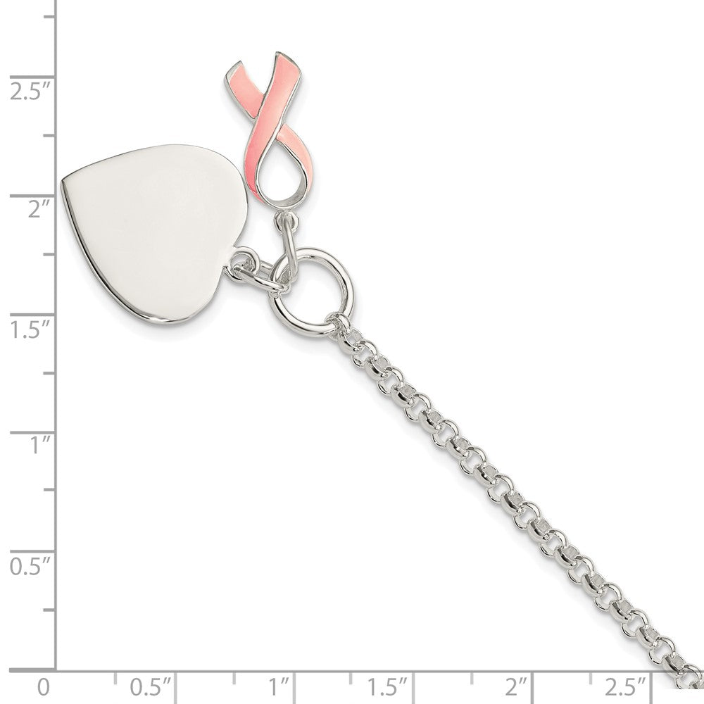 7.5 Inch Sterling Silver Fancy Engraveable Heart With Pink Ribbon Bracelet