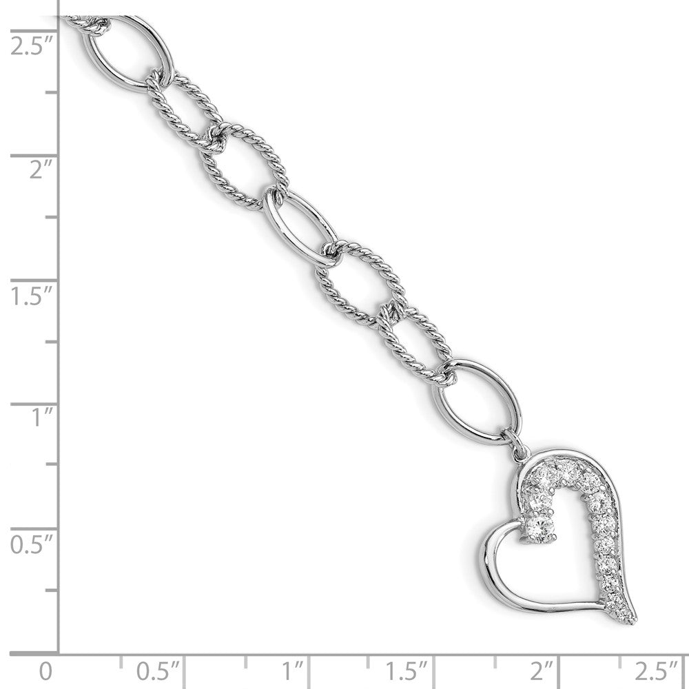 7.5 Inch Sterling Silver Rhodium Plated Journey Heart Cz Dangle Bracelet