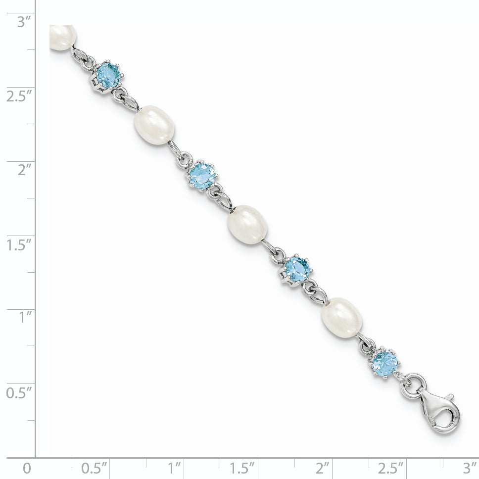 7 Inch Sterling Silver Rhodium Blue Cz Fw Cultured Pearl Bracelet