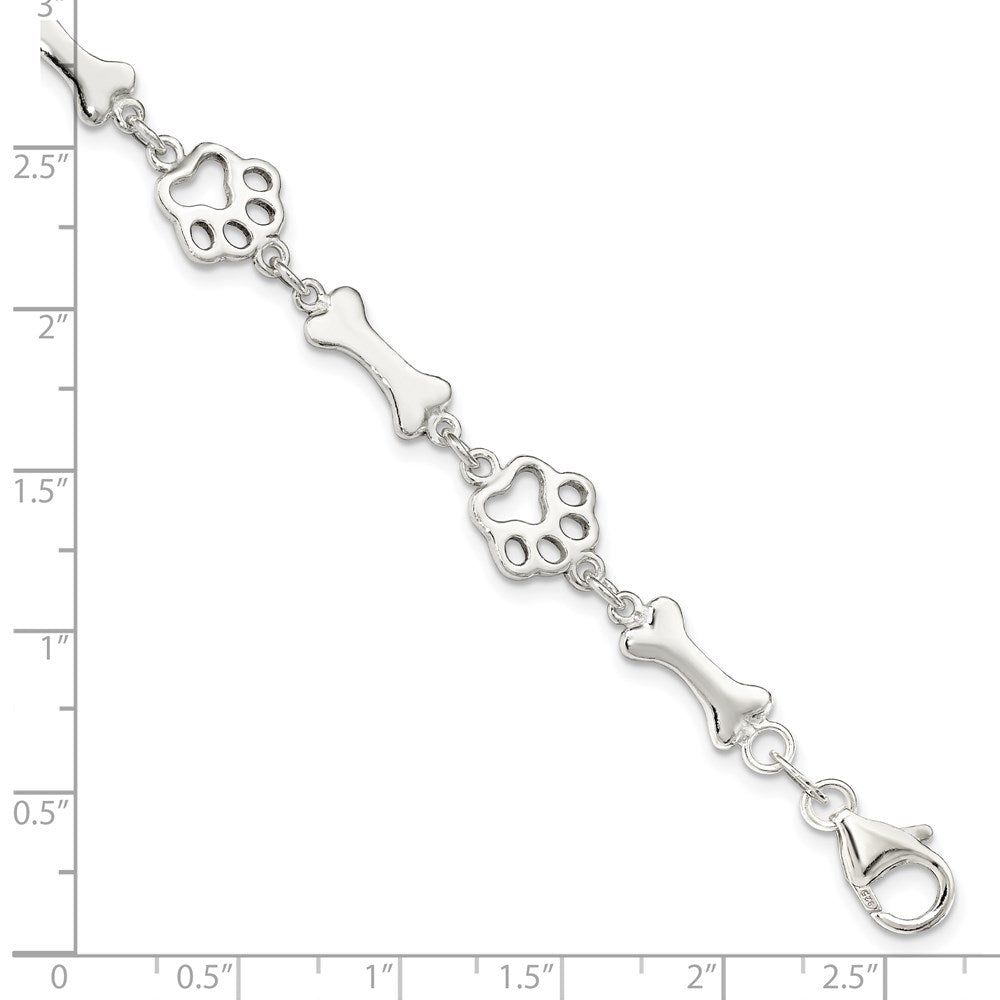 7.5 Inch Sterling Silver Dog Bones And Paws Bracelet