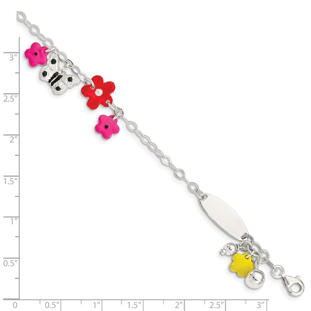 6 Inch Sterling Silver Polished & Textured Multi-Color Enameled Floral Butterfly With 1 Extension Children'S Id Bracelet