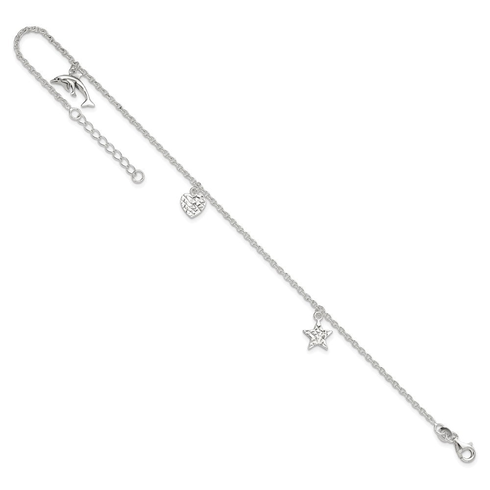 Sterling Silver Polished Heart, Star And Dolphin 9In Plus 1In Ext. Anklet
