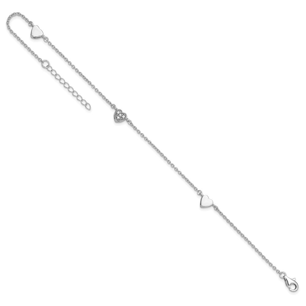 Sterling Silver Rhodium-Plated Cz 9In Plus 1In Ext Heart Anklet
