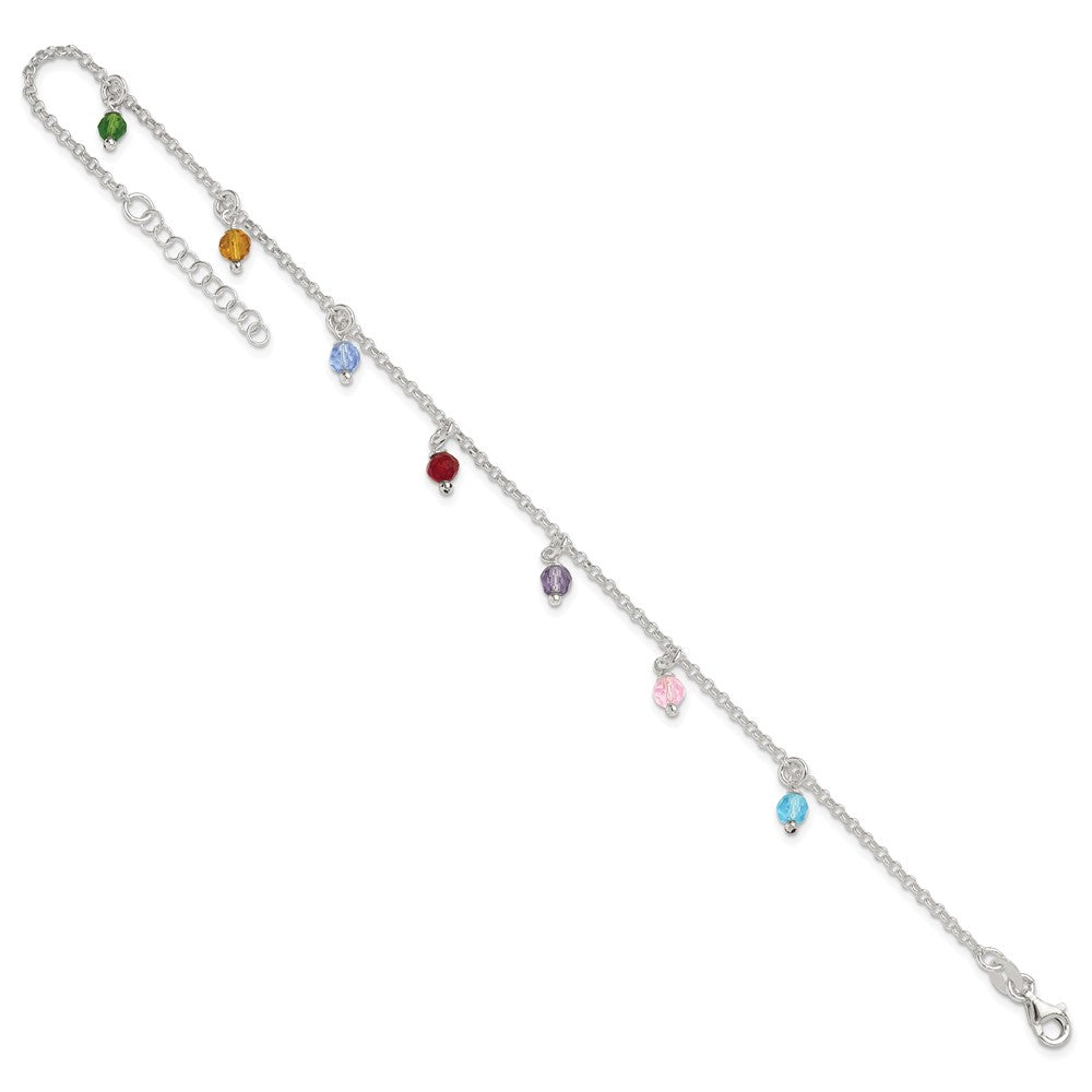 Sterling Silver Polished Multi-Colored Beads 9In Plus 1In Ext. Anklet