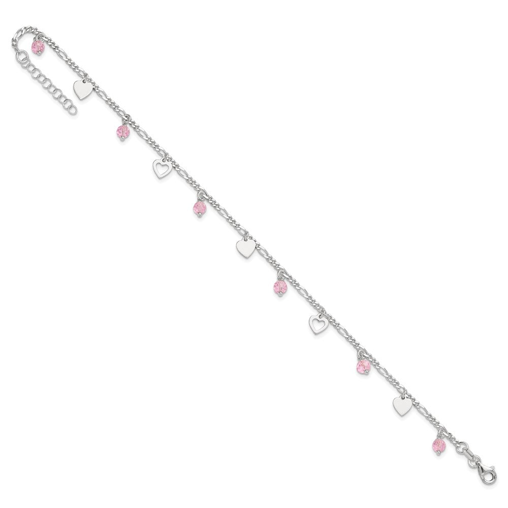 Sterling Silver Pink Glass Beads And Polished Hearts 9 Inch Anklet With 1 Extension