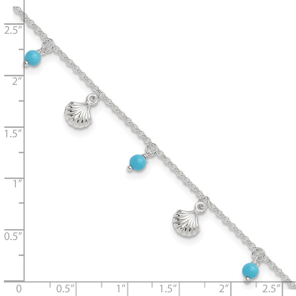 Sterling Silver Polished Shell And Turquoise 9In Plus 1In Ext. Anklet