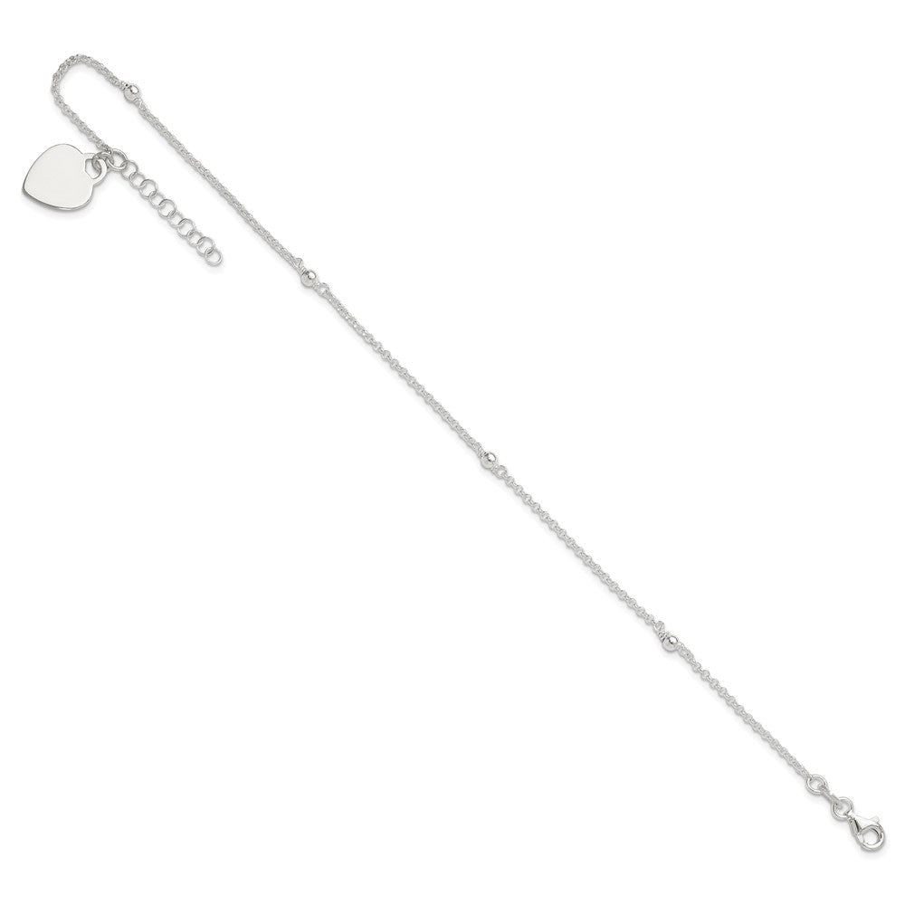 Sterling Silver Polished Bead And Heart 9In Plus 1In Ext. Anklet