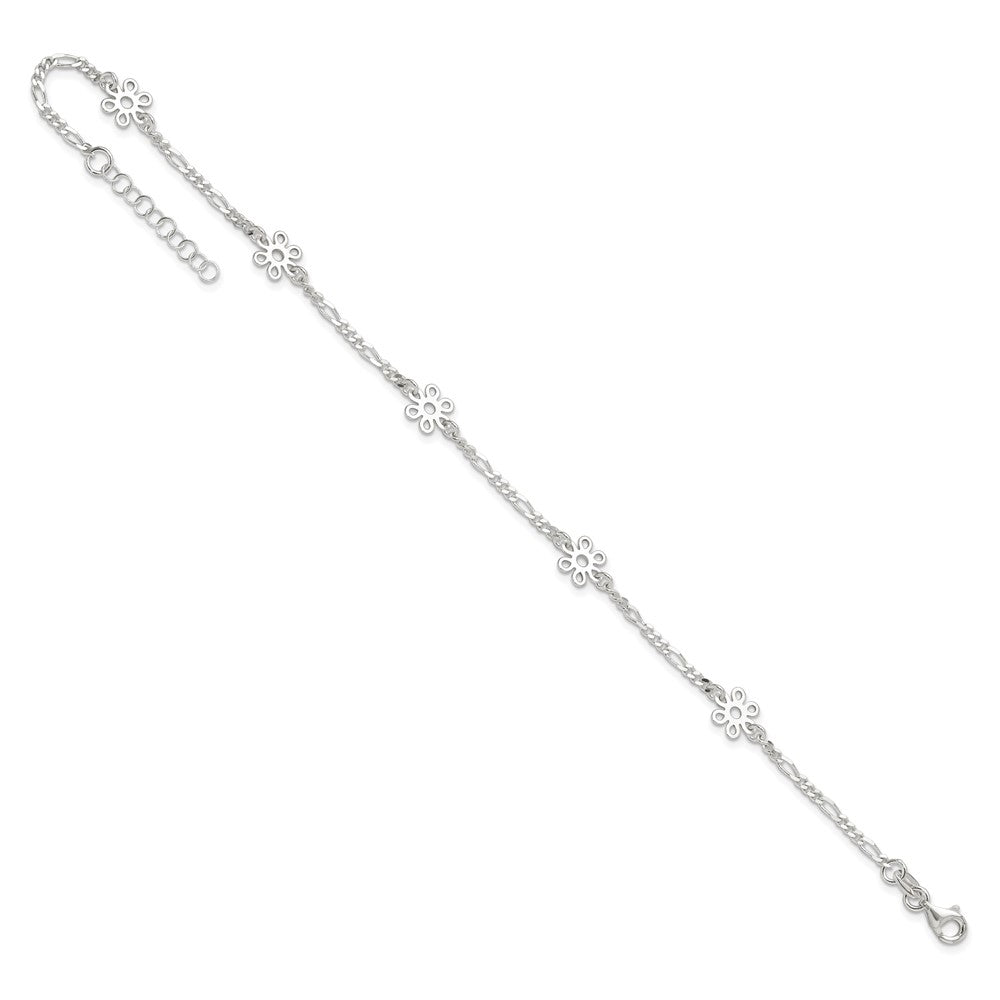 Sterling Silver Polished Flower 9In Plus 1In Ext. Anklet
