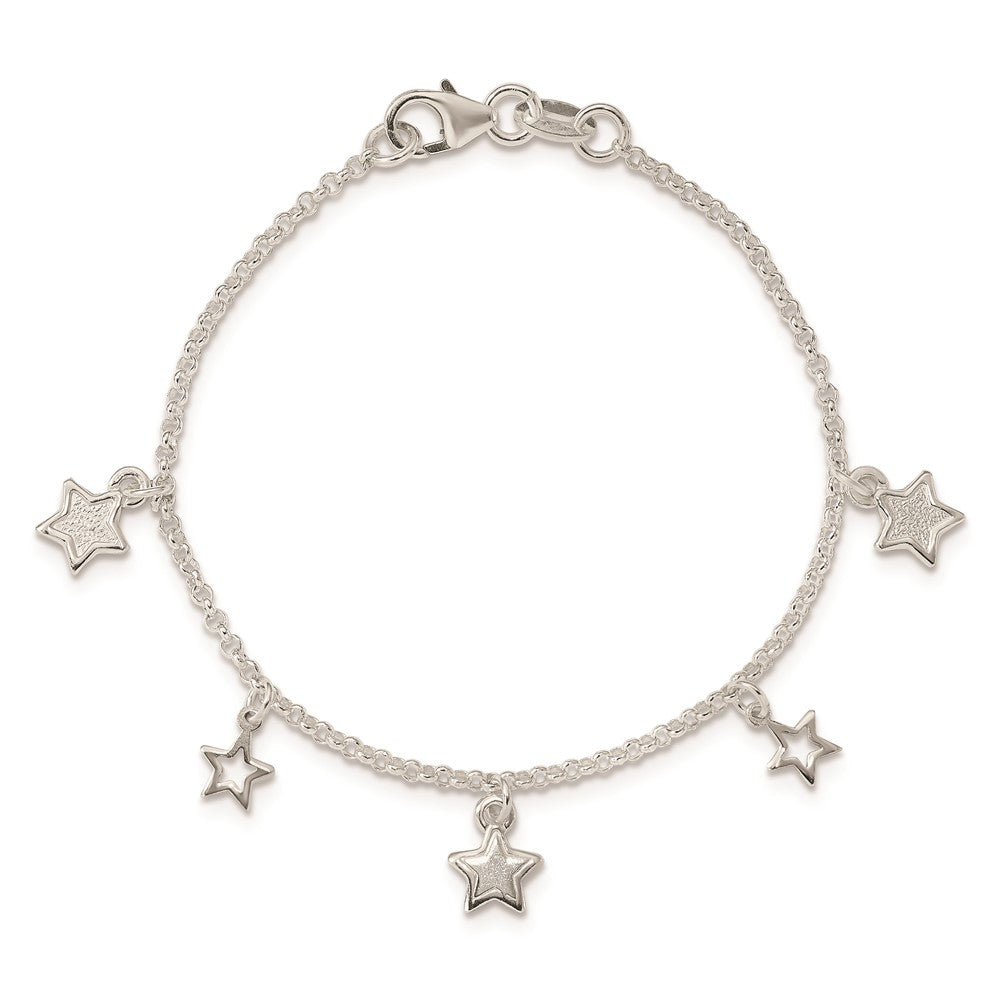 6 Inch Sterling Silver Polished & Textured Stars Children'S Bracelet