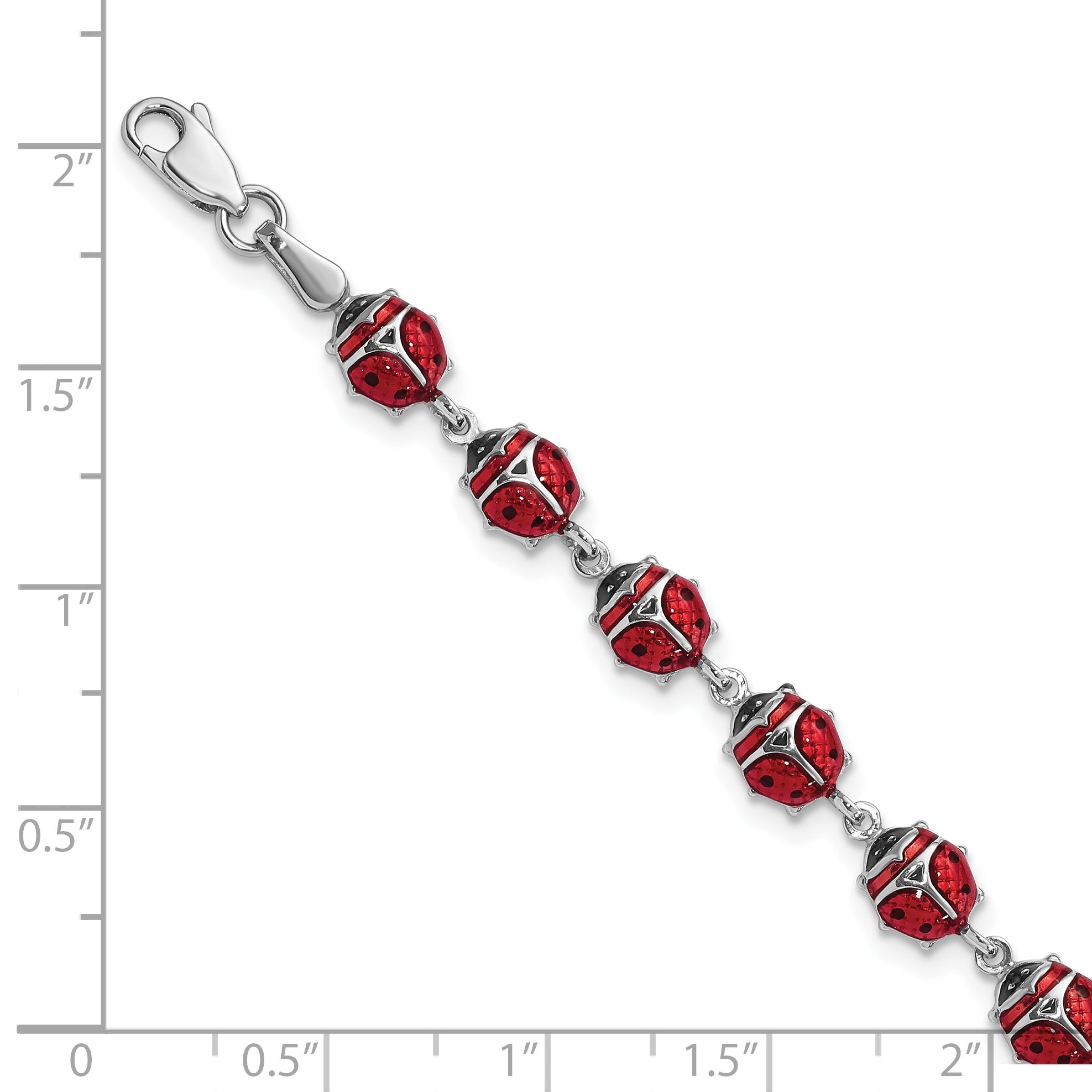 7 Inch Sterling Silver Rhodium Polished Enameled Lady Bug Bracelet