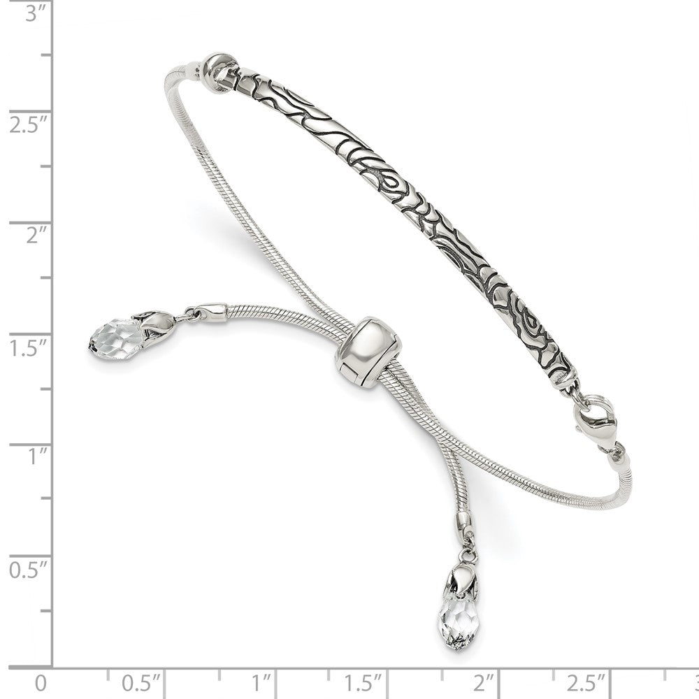 9 Inch Sterling Silver Antiqued Reflections Clear Crystal Adjustable Bracelet