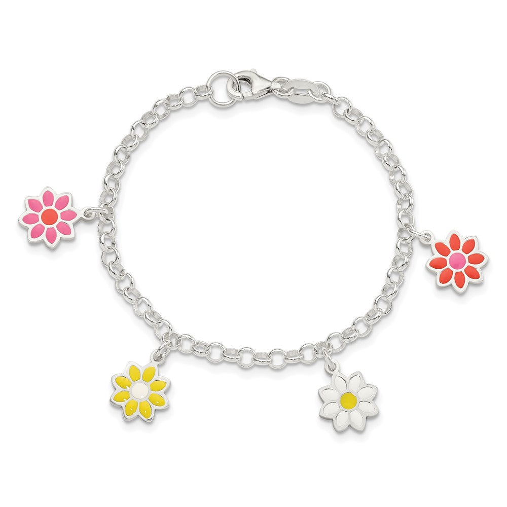 6 Inch Sterling Silver Polished Multi-Color Enamel Flowers Children'S Bracelet