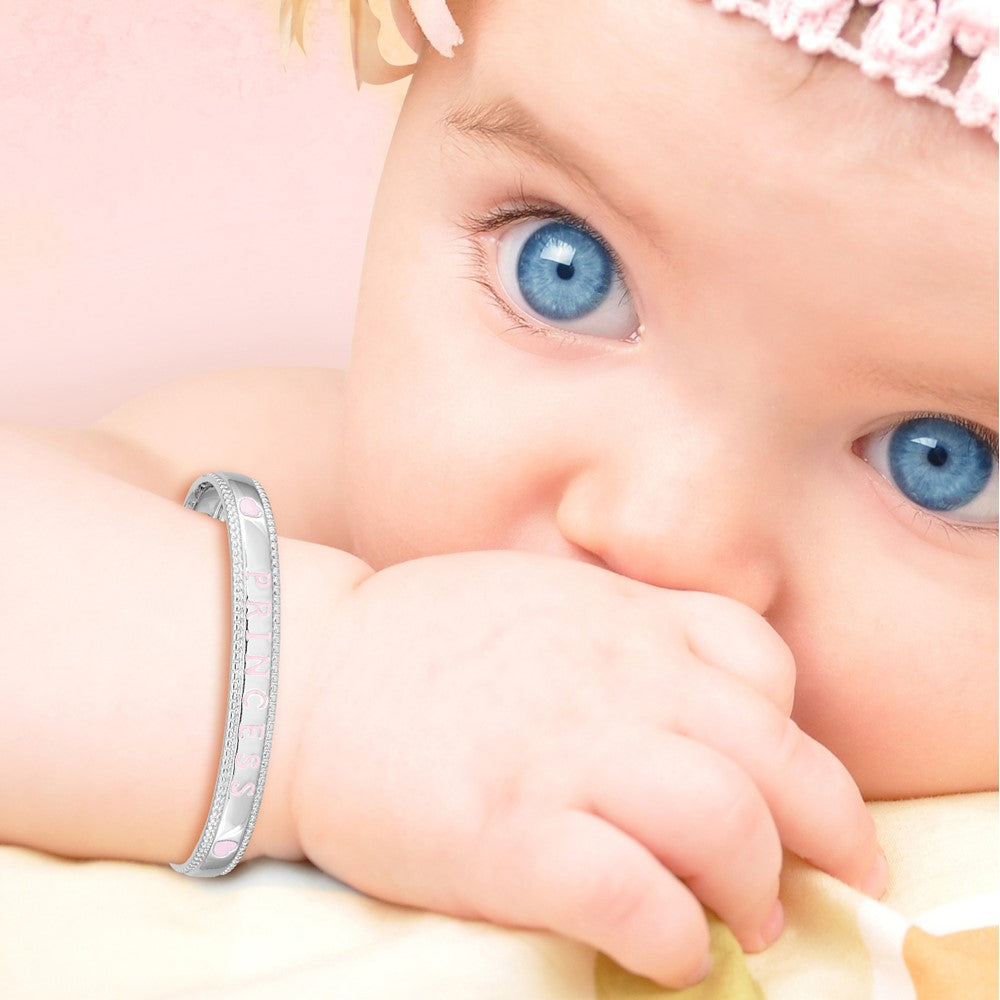 4.9 Inch Sterling Silver Rhodium-Plated Polished & Beaded Multi-Color Enameled Flowers Hearts Princess With Chain Baby Bangle