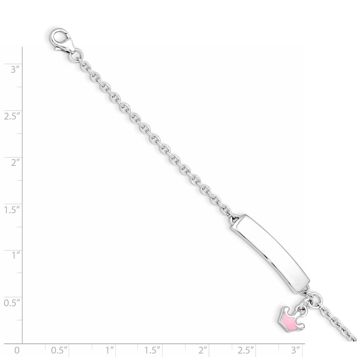 7 Inch Sterling Silver Rhodium-Plated Polished & Pink Enameled Crown With 1 Extension Children'S Id Bracelet