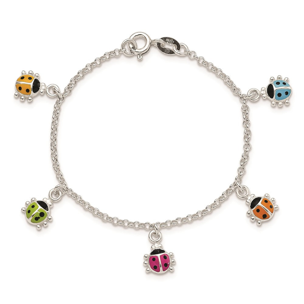 6 Inch Sterling Silver Polished Multi-Color Enameled Ladybugs Children'S Bracelet