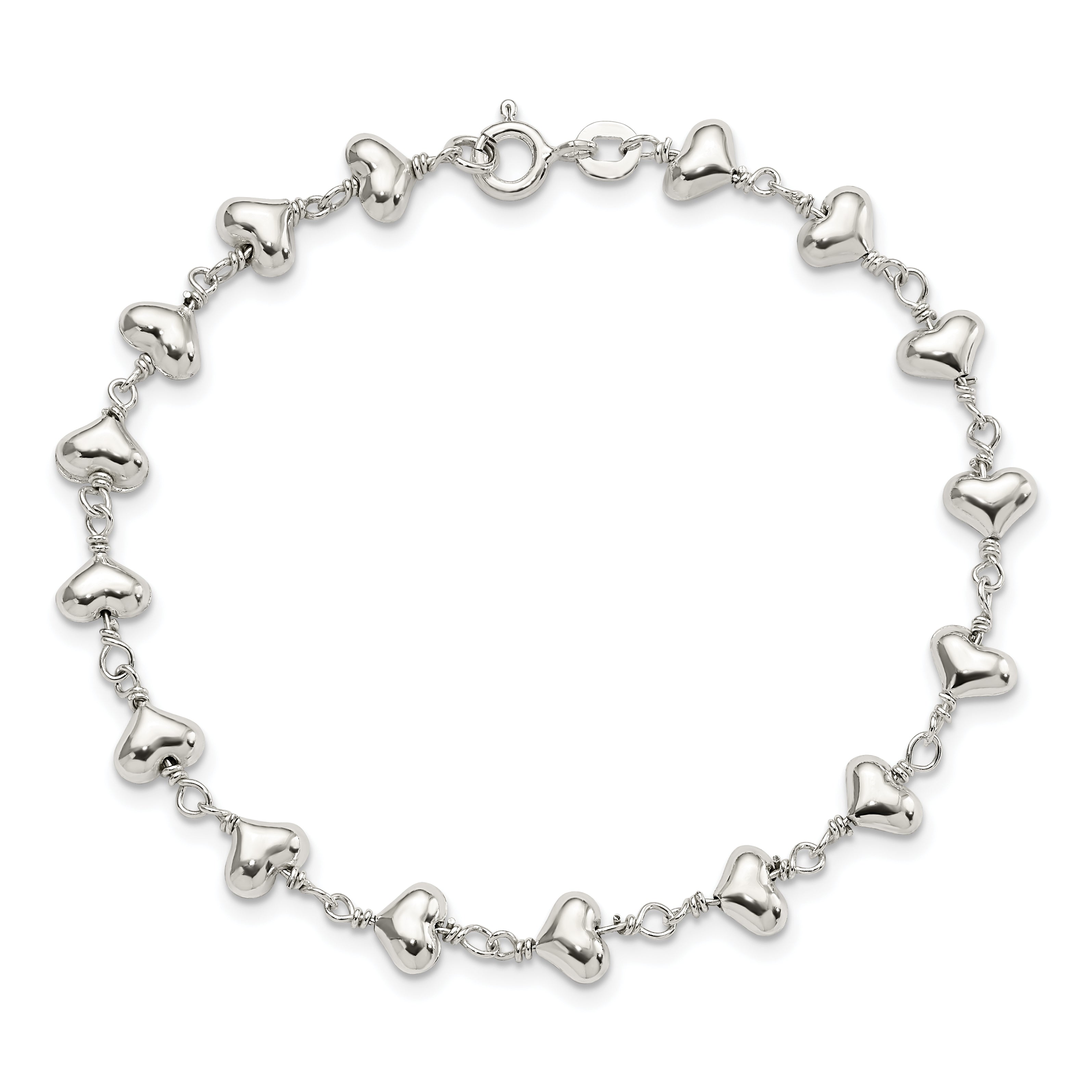 7.25 Inch Sterling Silver Polished Heart Link Bracelet