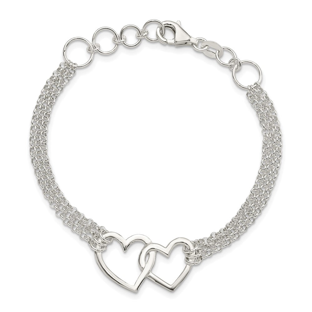 7 Inch Sterling Silver Polished 3-Strand W/.5In. Ext. Heart Bracelet